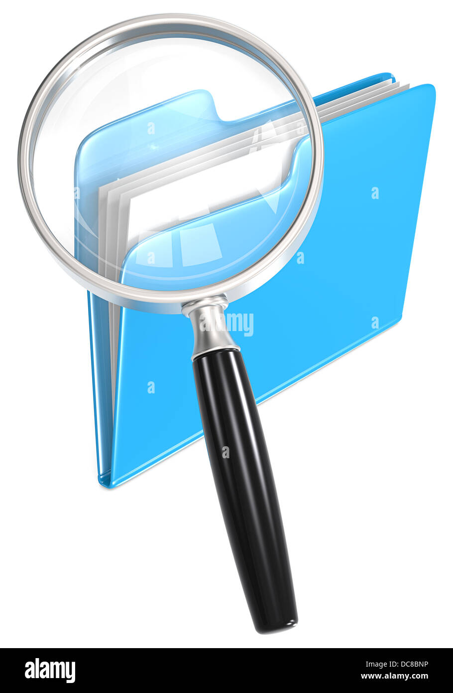 Magnifying Glass over folder. Blue. Stock Photo