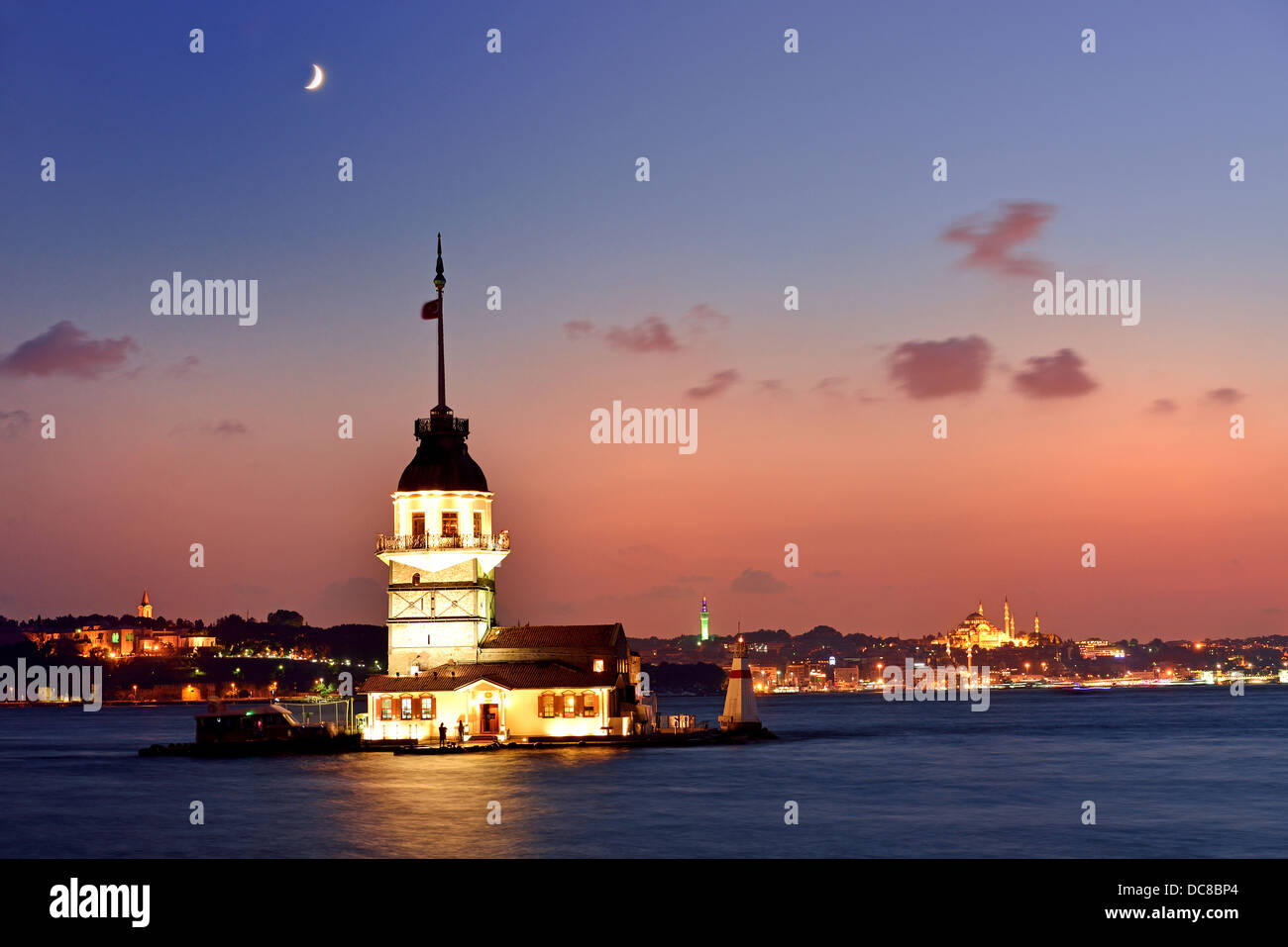 Maiden Tower from the east in sunset, Istanbul, Turkey Stock Photo