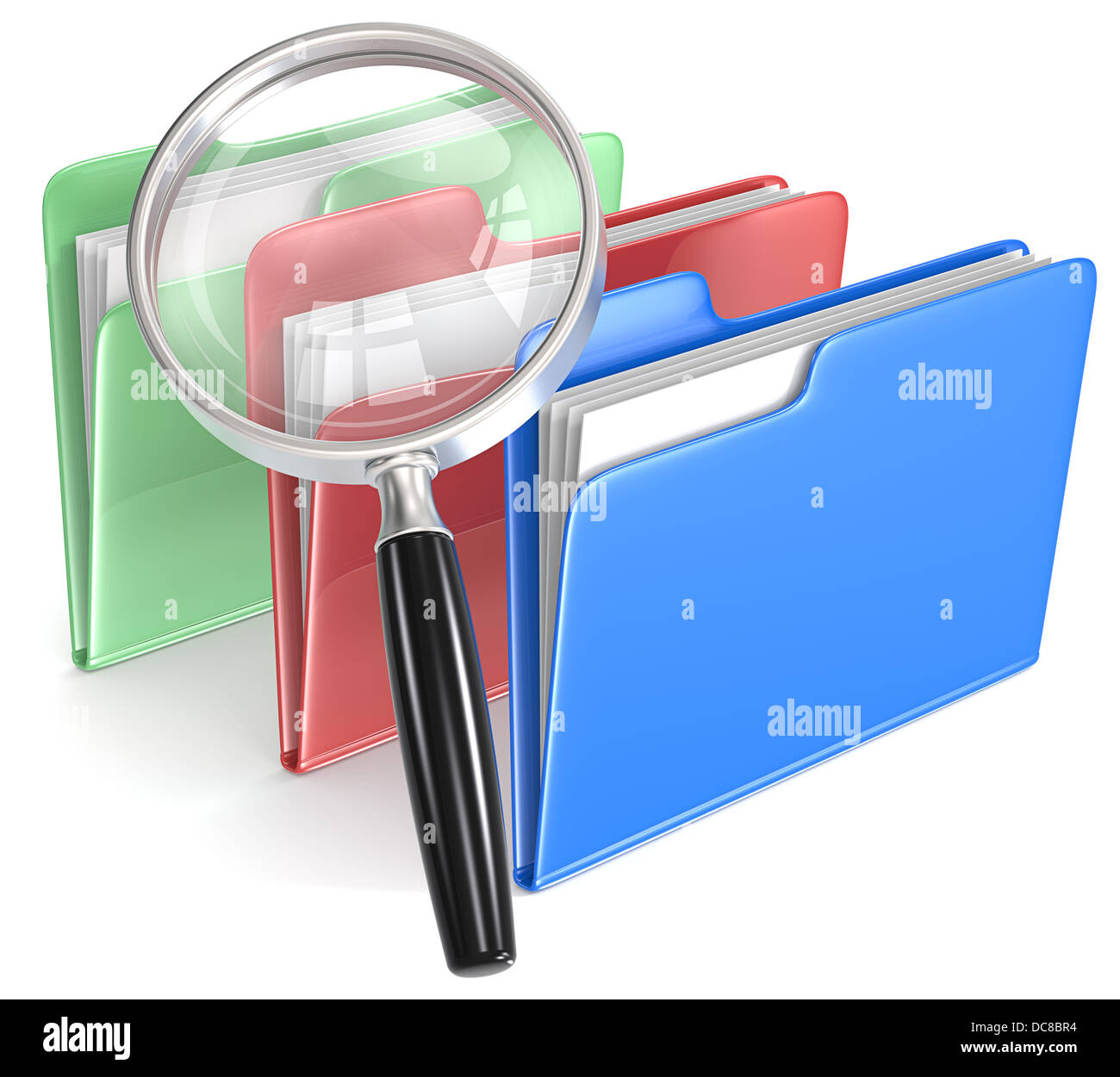 Magnifying Glass over 3 folders. Blue, red, and green. Stock Photo