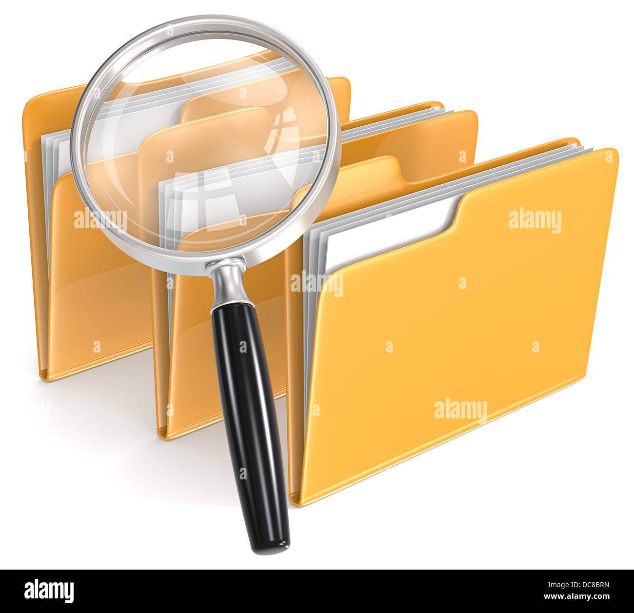 Magnifying Glass over 3 folders. Orange. Stock Photo
