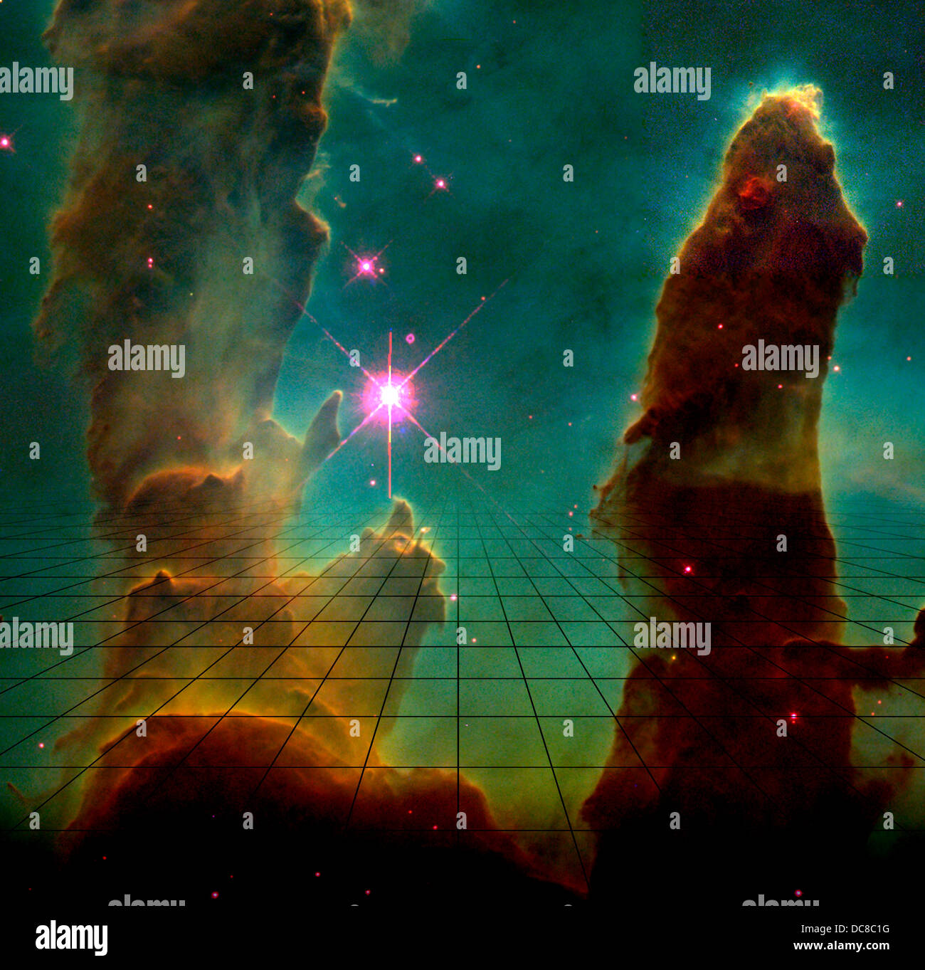 NASA view Eagle Nebula galaxy with perspective grid Stock Photo