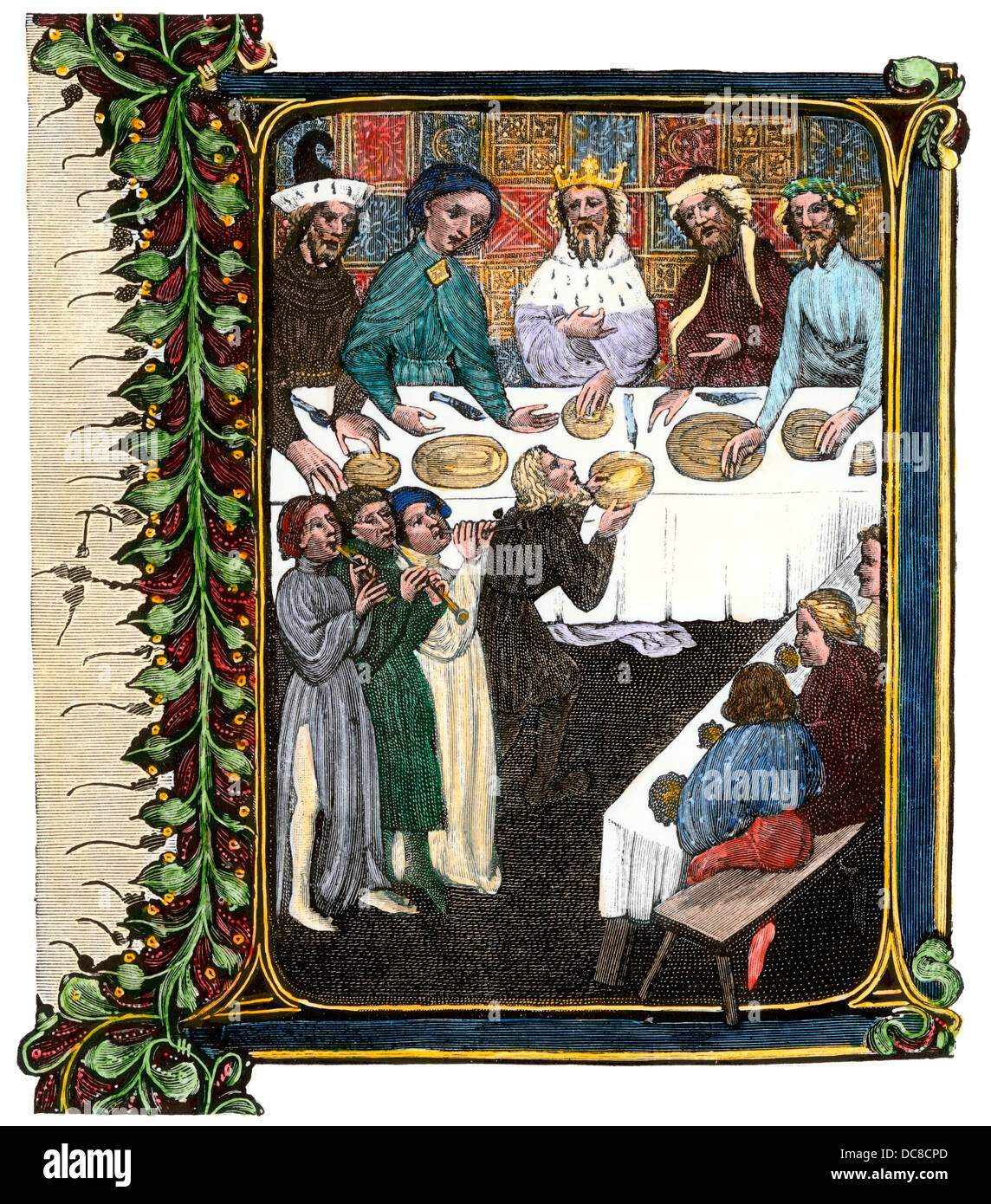 Royal banquet in the early 15th century, from an illuminated manuscript. Hand-colored woodcut reproduction Stock Photo