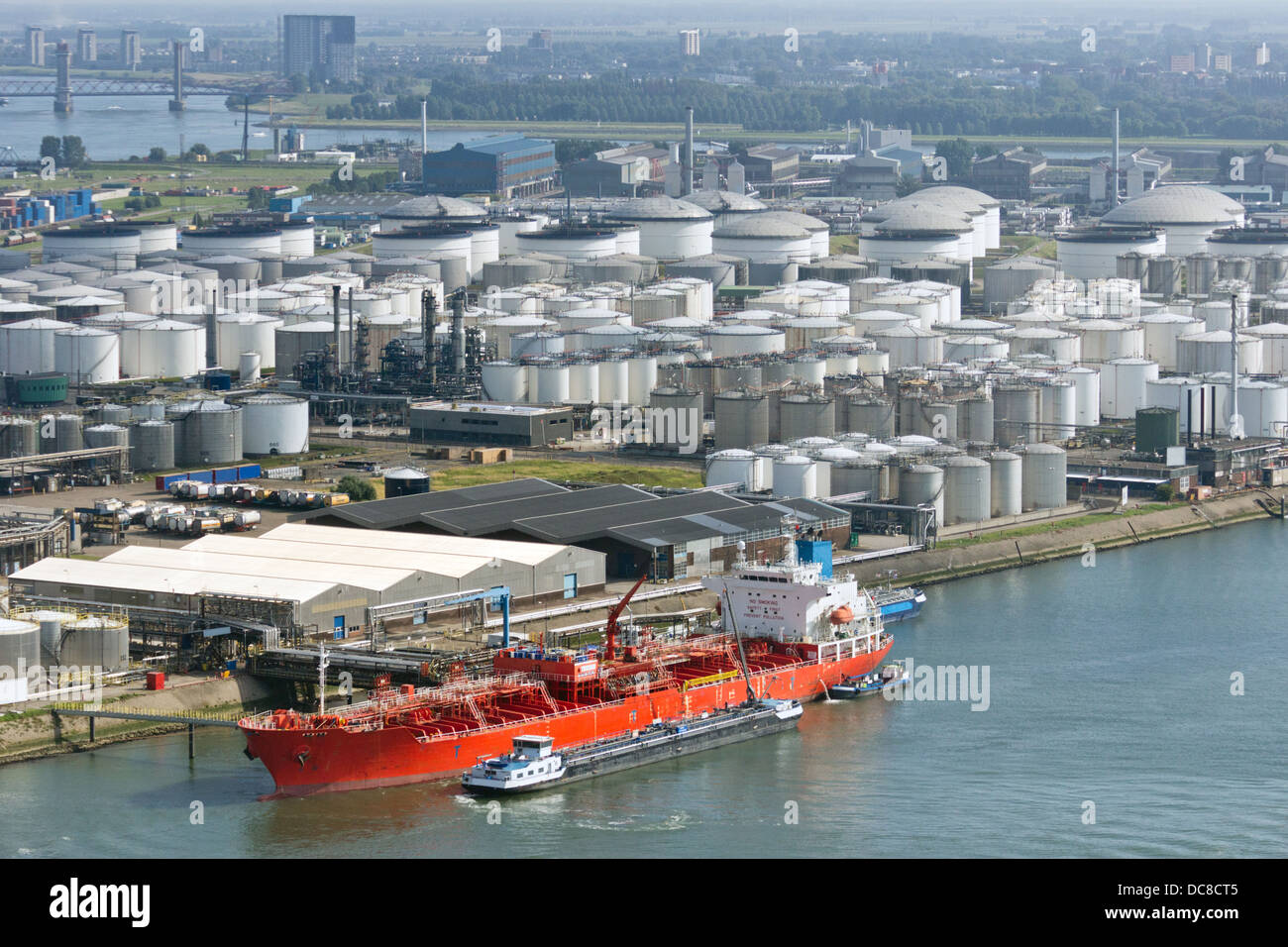 Oil tanker moored at a oil storage terminal Stock Photo