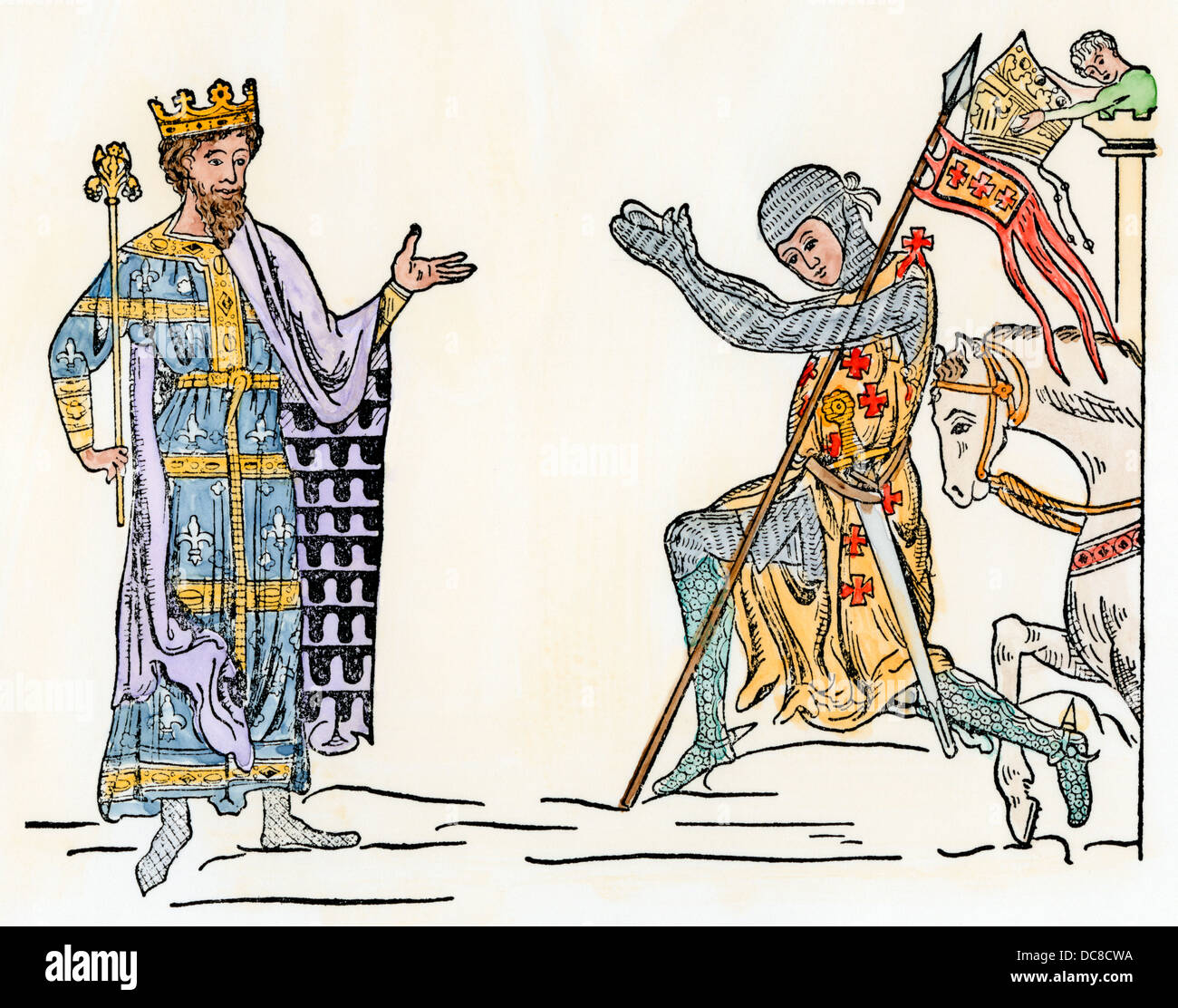 King receiving a knight, late 1200s. Hand-colored woodcut Stock Photo