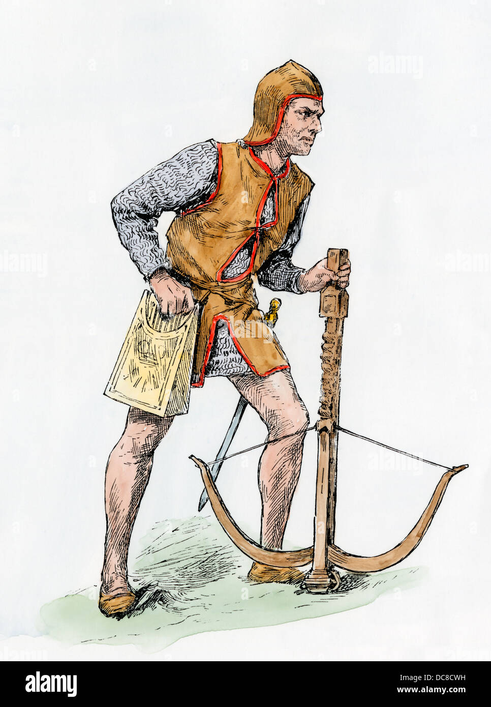 Archer with a crossbow in the Middle Ages. Handcolored woodcut Stock