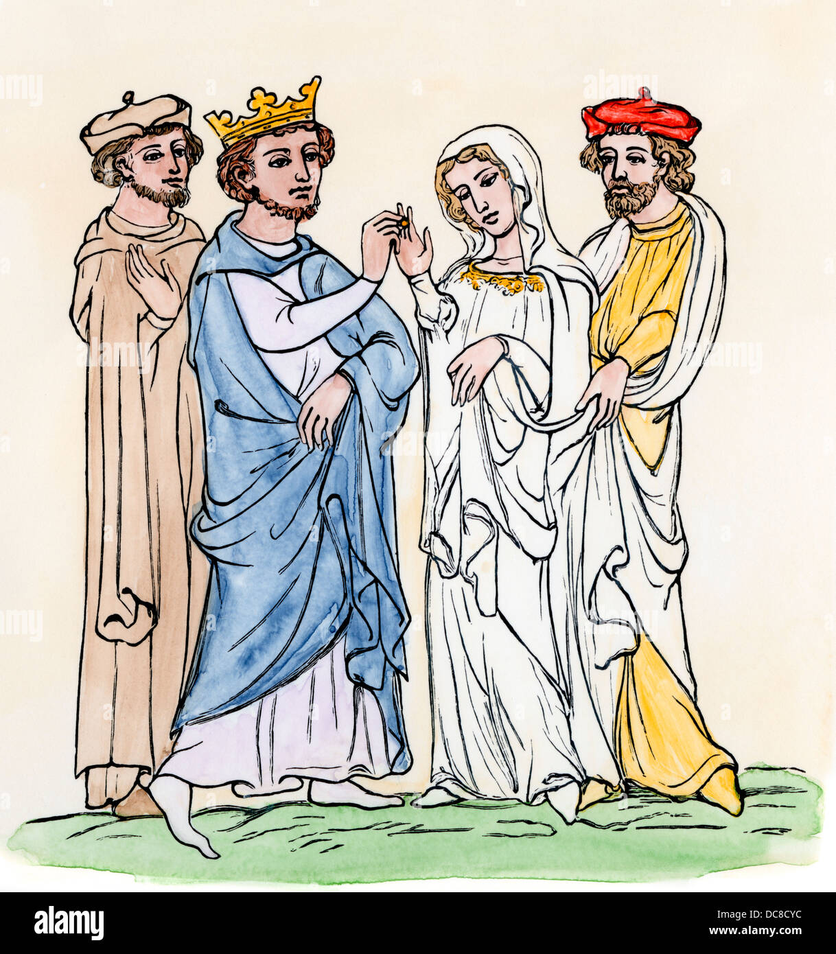 Wedding of a king and queen in the Middle Ages. Hand-colored woodcut Stock Photo