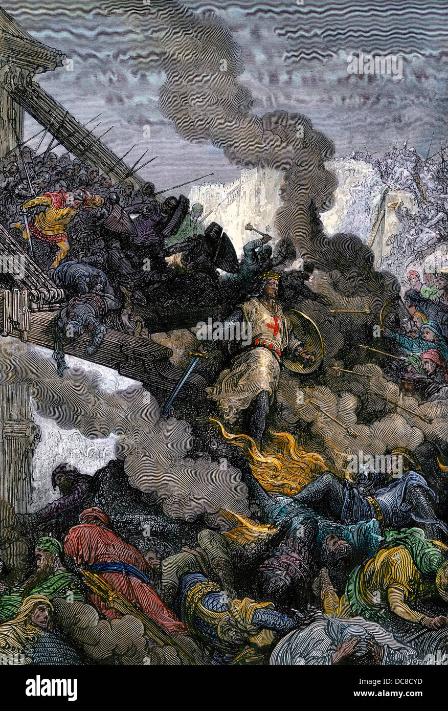 Godfrey of Bouillon's entrance into Jerusalem during the First Crusade, 1099 AD. Hand-colored woodcut of a Gustave Dore illustrationi Stock Photo