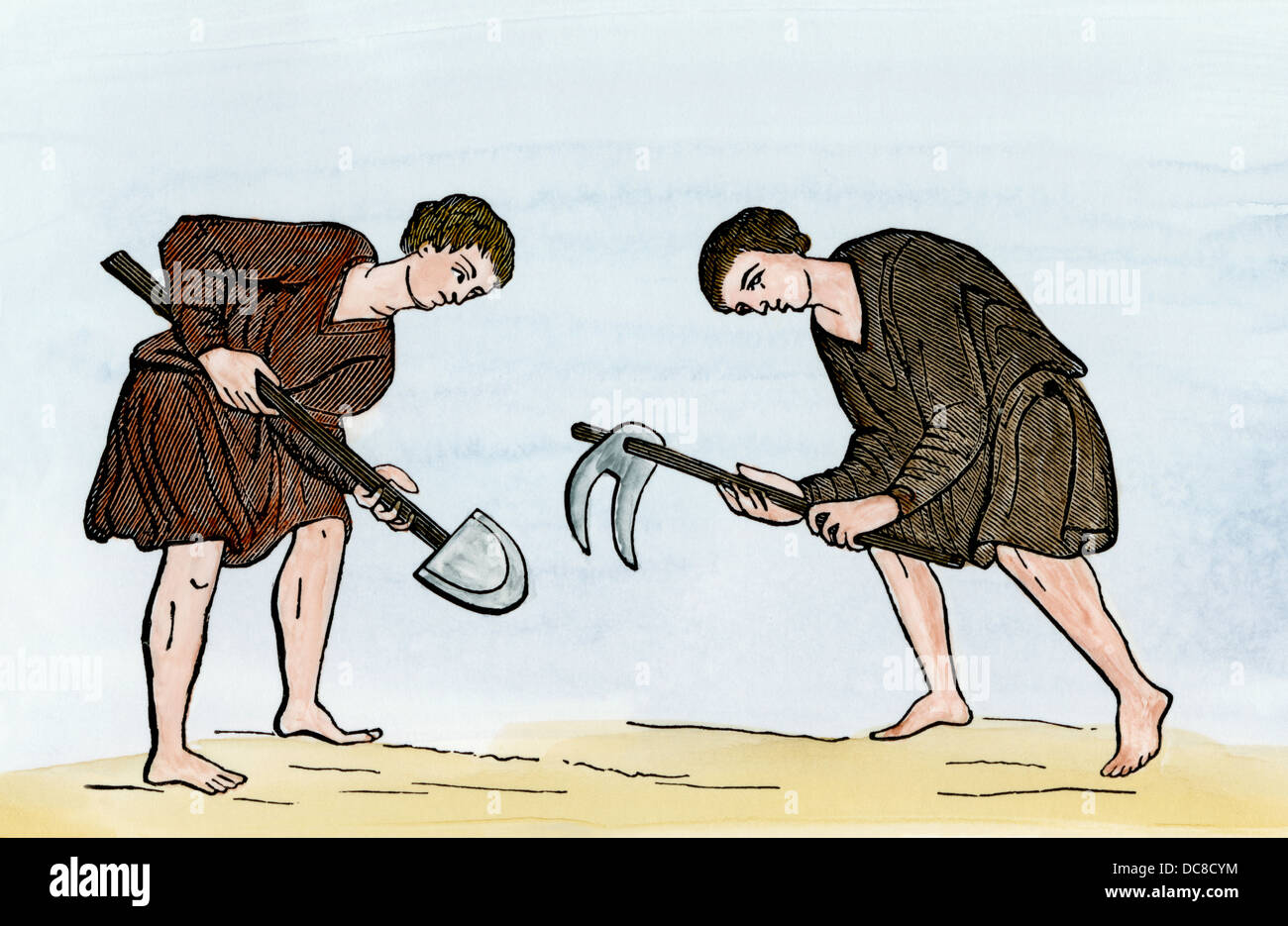 European serfs farming with a hoe and shovel, 1100s. Hand-colored woodcut Stock Photo