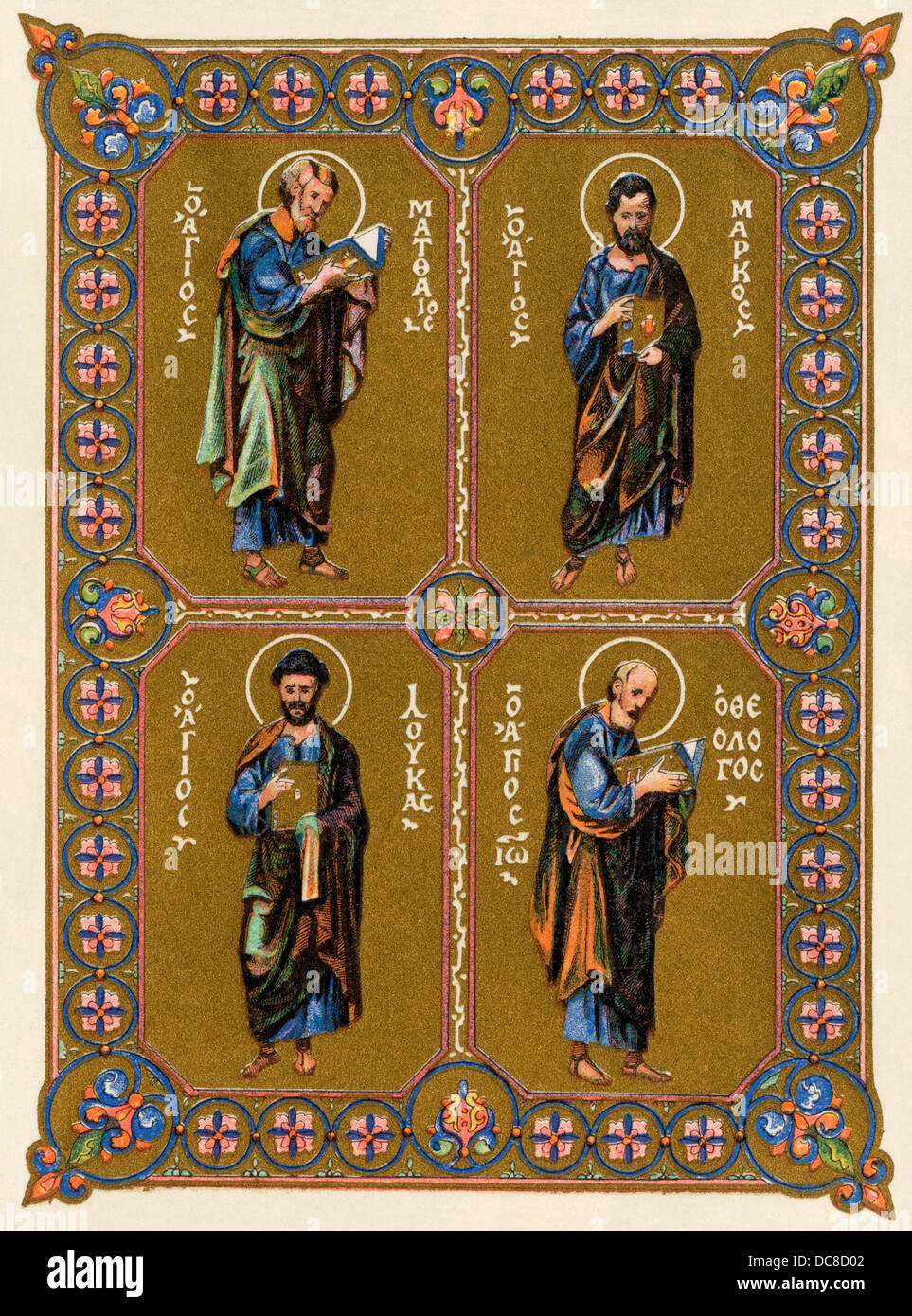 Evangelists Matthew, Mark, Luke, and John depicted in a Greek miniature from the 11th century. Color lithograph reproduction Stock Photo