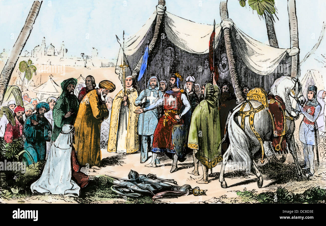 Muslims' capitulation at Acre during the Third Crusade, 1191 AD. Hand-colored woodcut