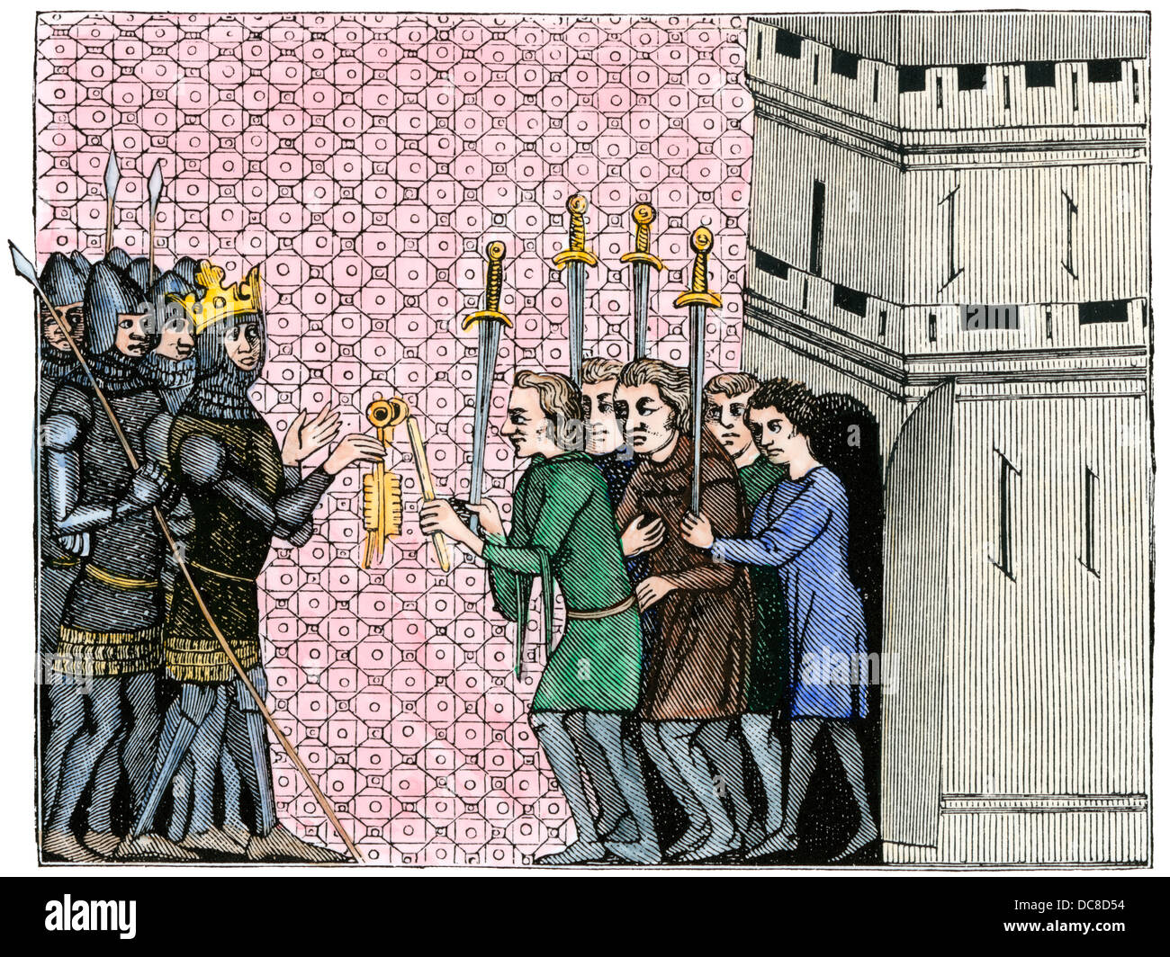 Garrison surrendering a town and asking for the mercy of their captors, 14th century. Hand-colored woodcut Stock Photo