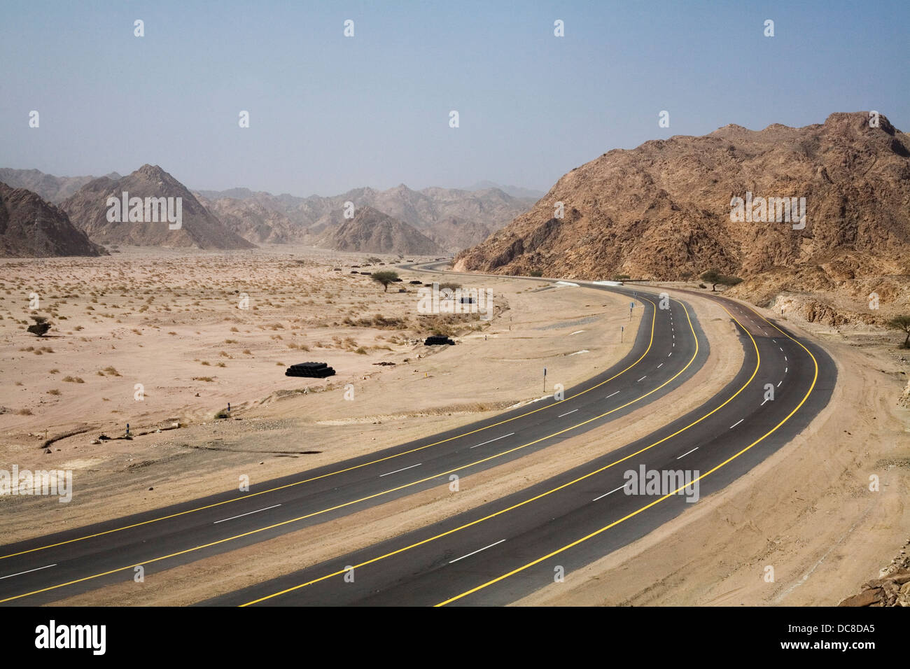 The Duba-Haql number 5 highway passing through the Sarawat Mountains in north west Saudi Arabia. Stock Photo