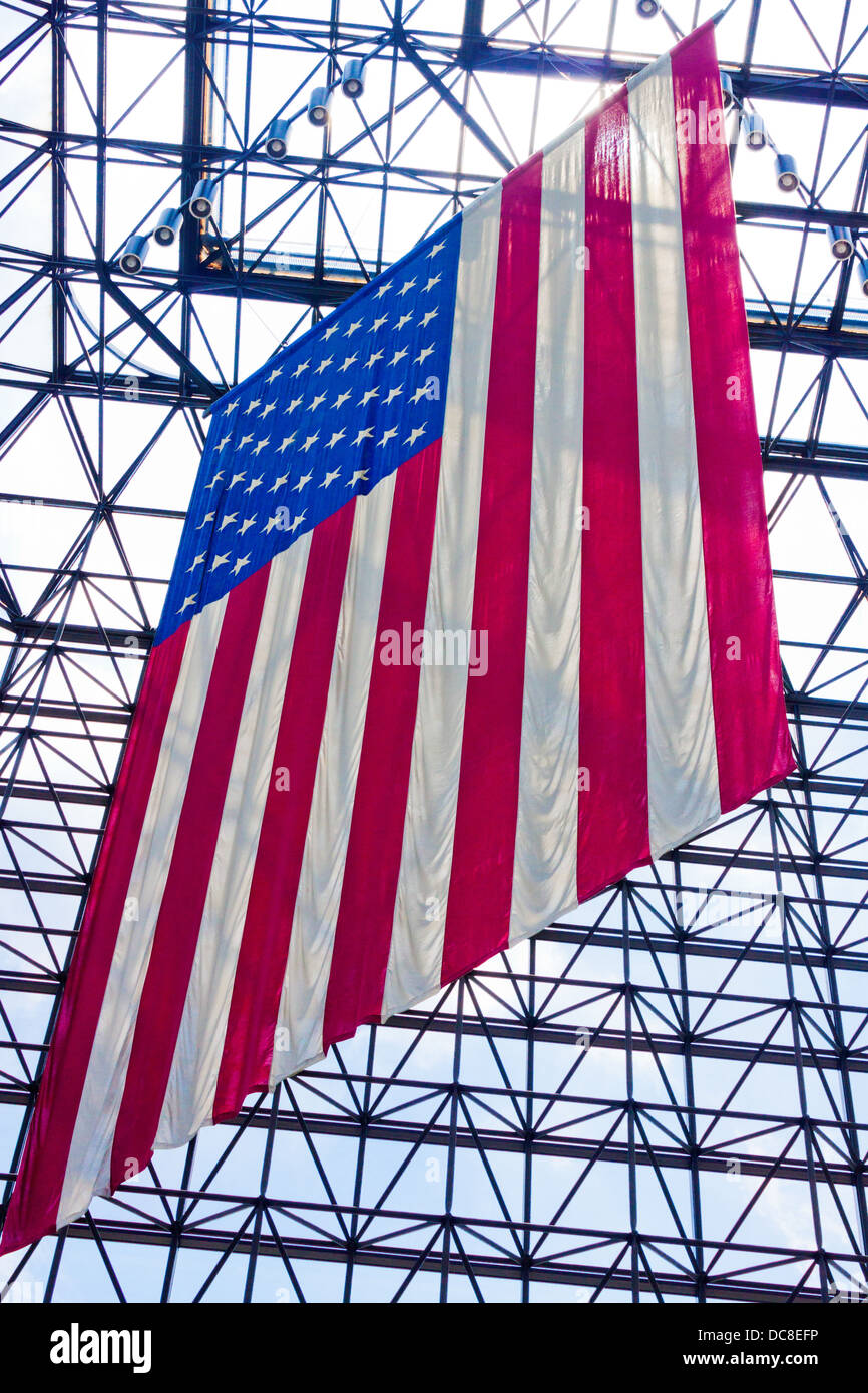 American Flag Hanging from the Atrium rafters of the J F Kennedy Library and Museum, Boston, Massachusetts Stock Photo