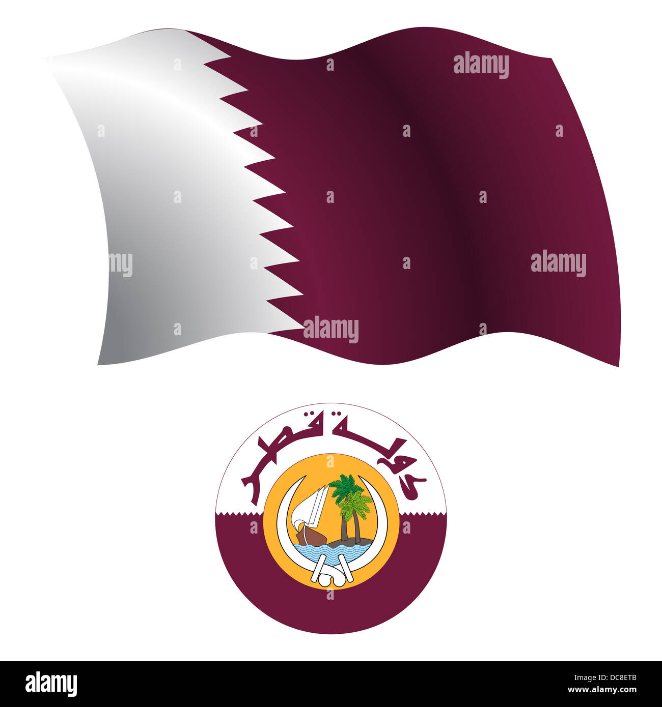 qatar wavy flag and coat of arm against white background, vector art