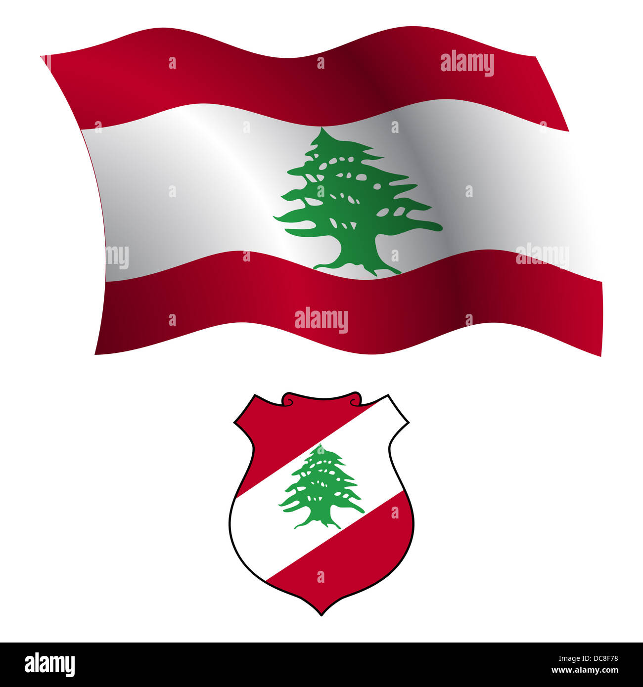 lebanon wavy flag and coat of arm against white background, vector art illustration, image contains transparency Stock Photo