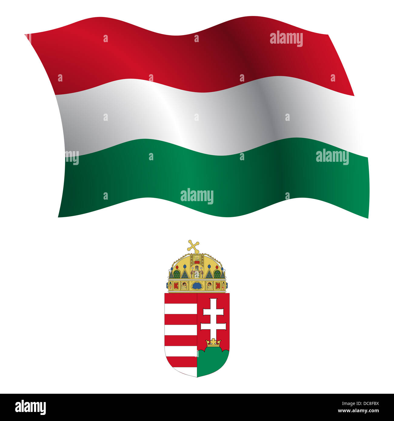 hungary wavy flag and coat of arms against white background, vector art illustration, image contains transparency Stock Photo