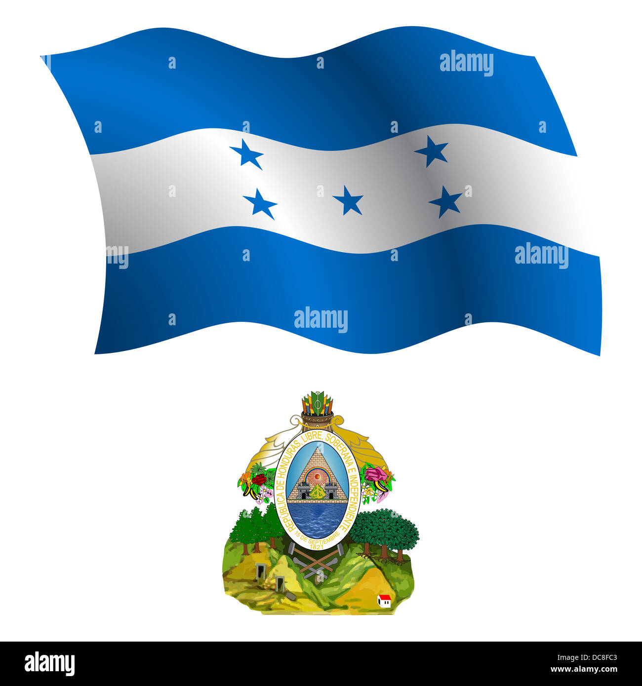 honduras wavy flag and coat of arms against white background, vector art illustration, image