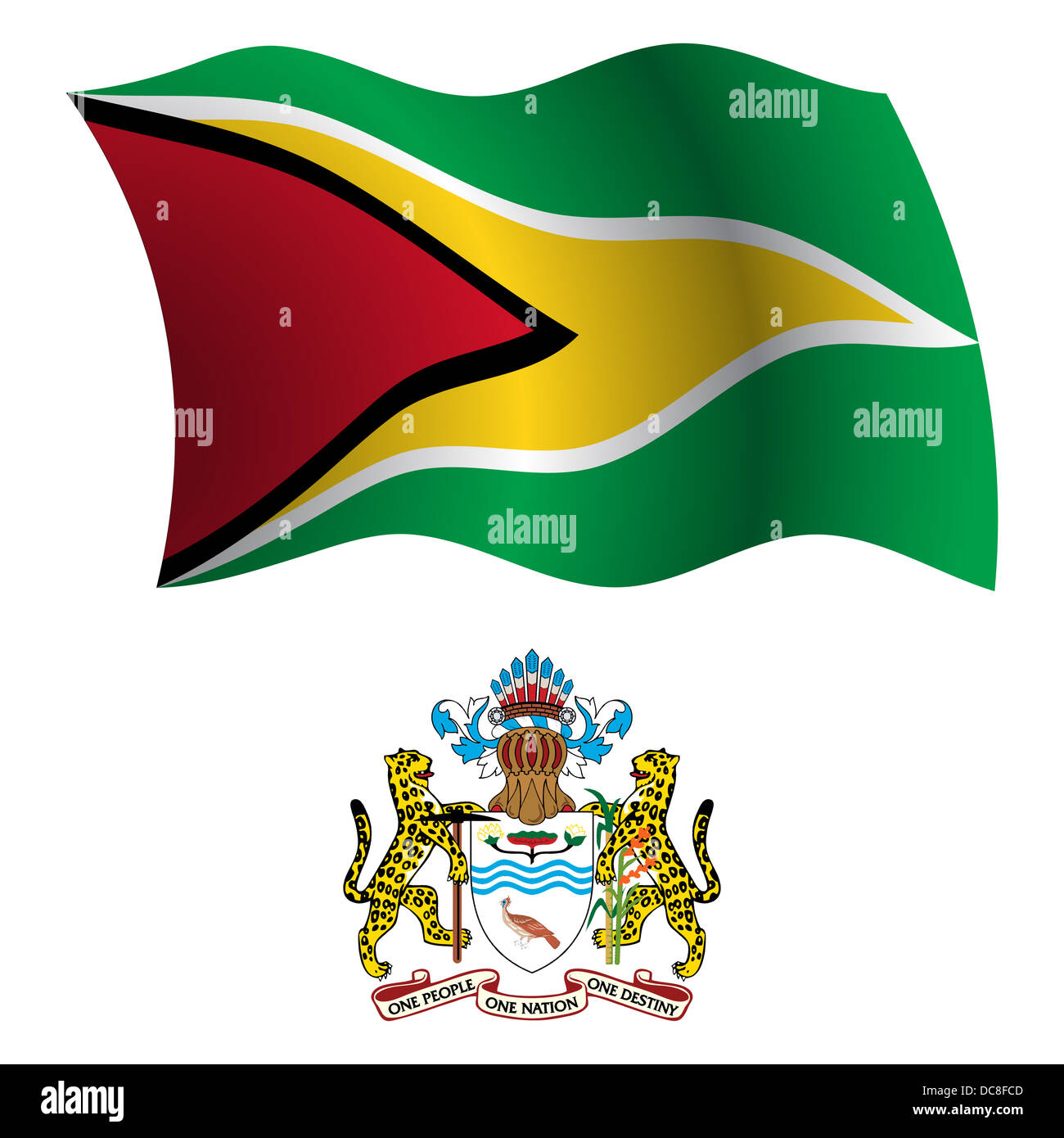 guyana wavy flag and coat of arms against white background, vector art illustration, image