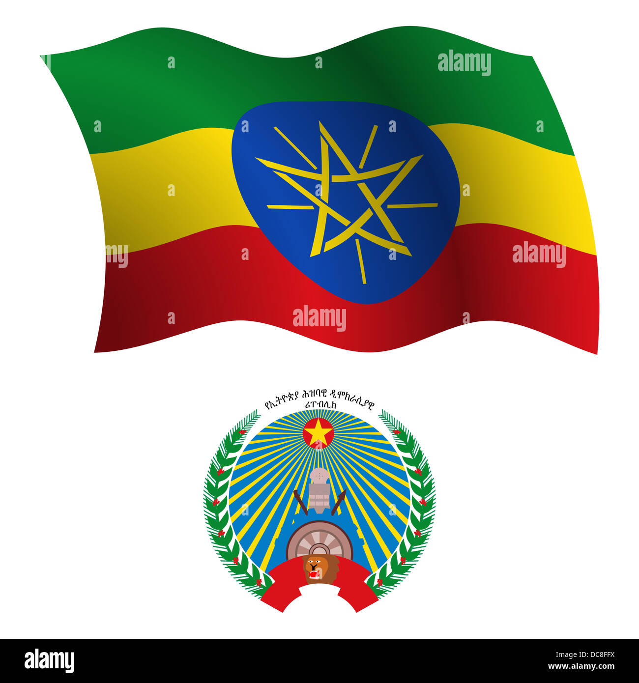 ethiopia wavy flag and coat of arms against white background, vector