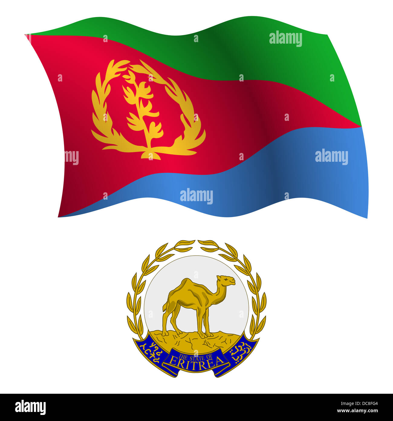 eritrea wavy flag and coat of arms against white background, vector art  illustration, image contains transparency Stock Photo - Alamy