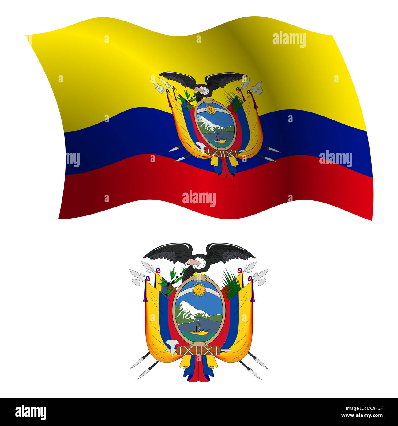 ecuador wavy flag and coat of arms against white background, vector art