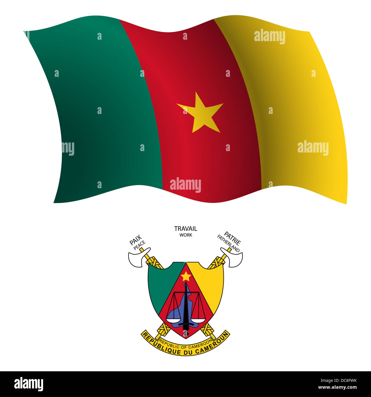 cameroon wavy flag and coat of arms against white background, vector