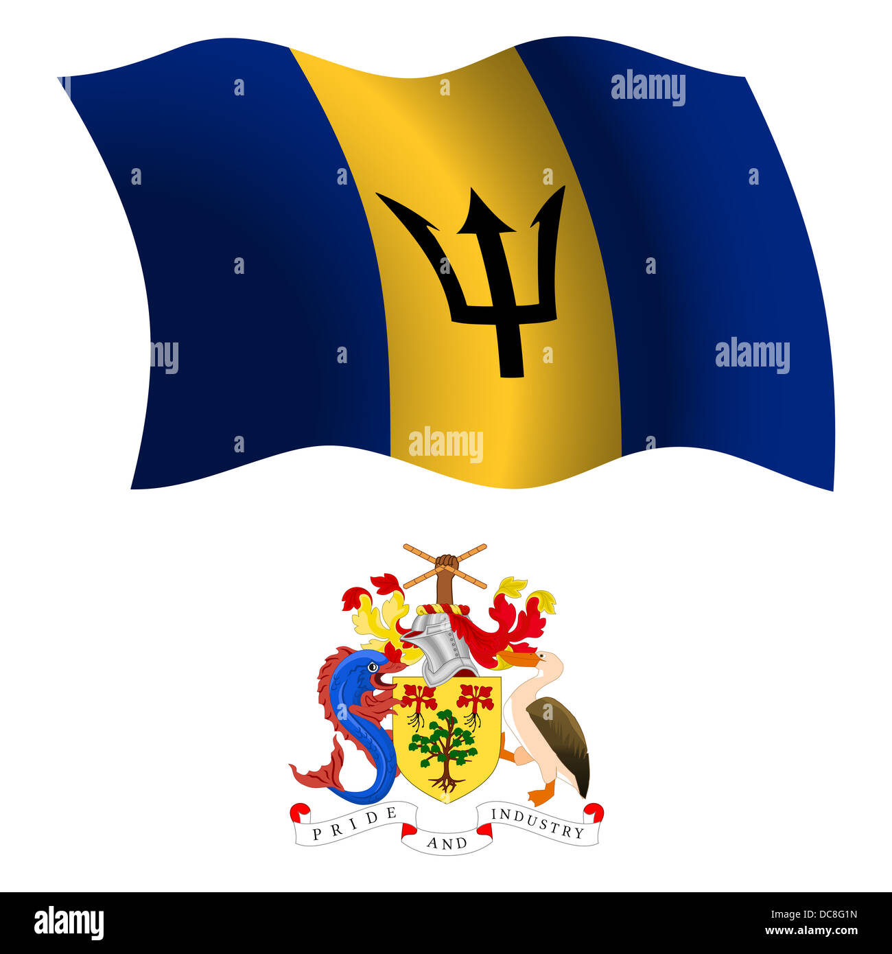 barbados wavy flag and coat of arms against white background, vector art illustration, image