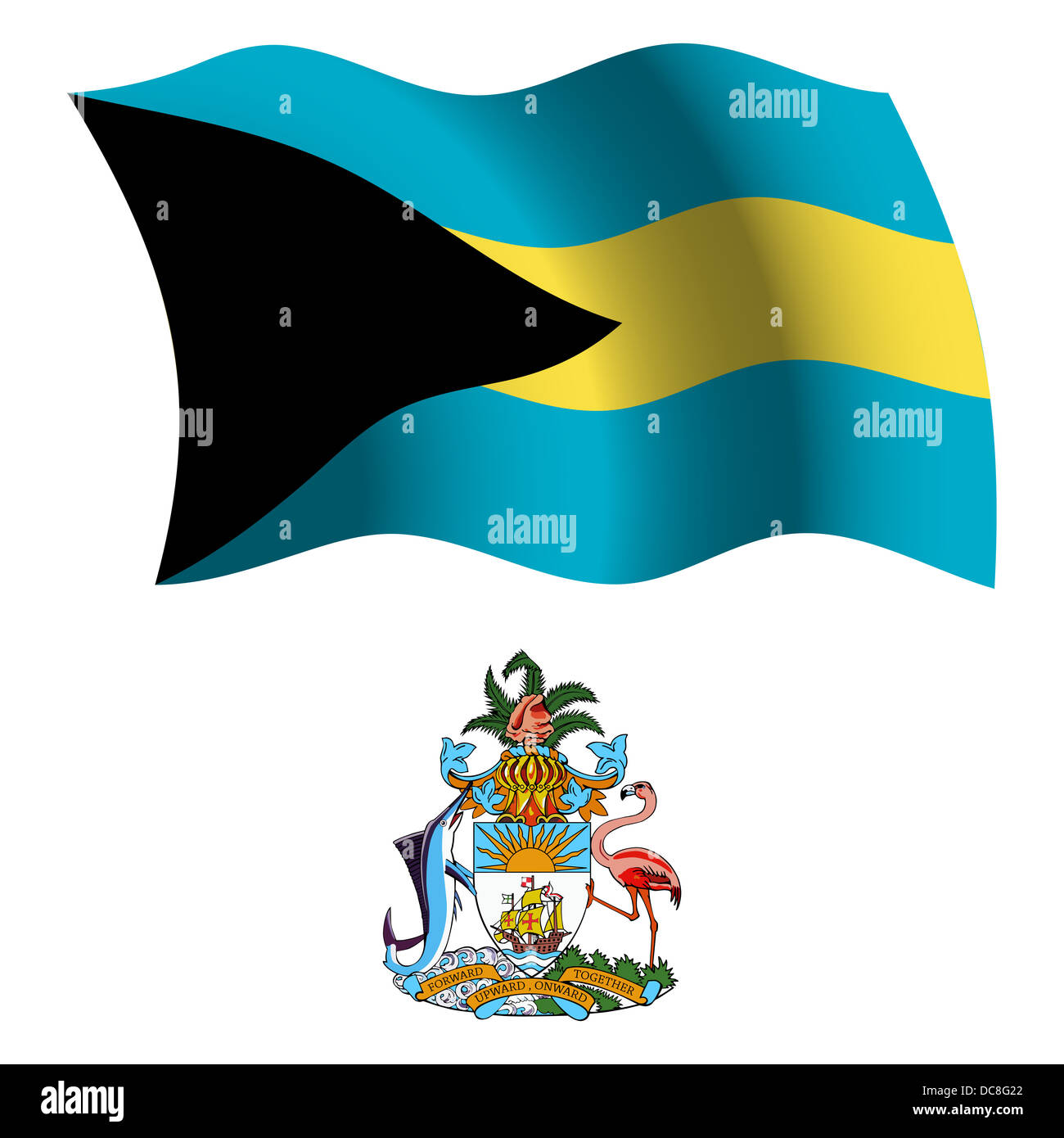 bahamas wavy flag and coat of arms against white background, vector art illustration, image