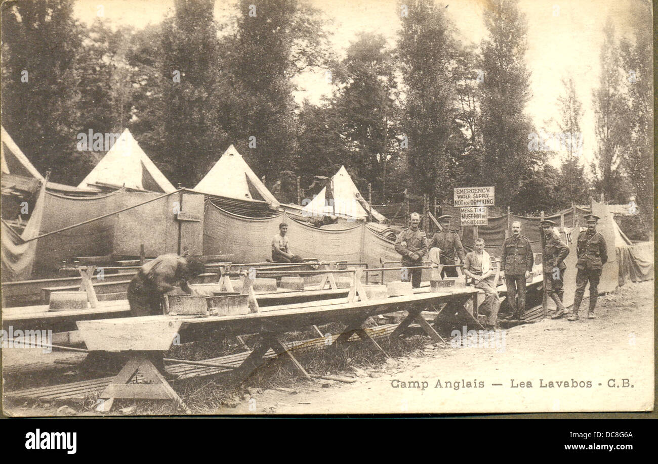 World War One French postcard of English camp latrines and washing area