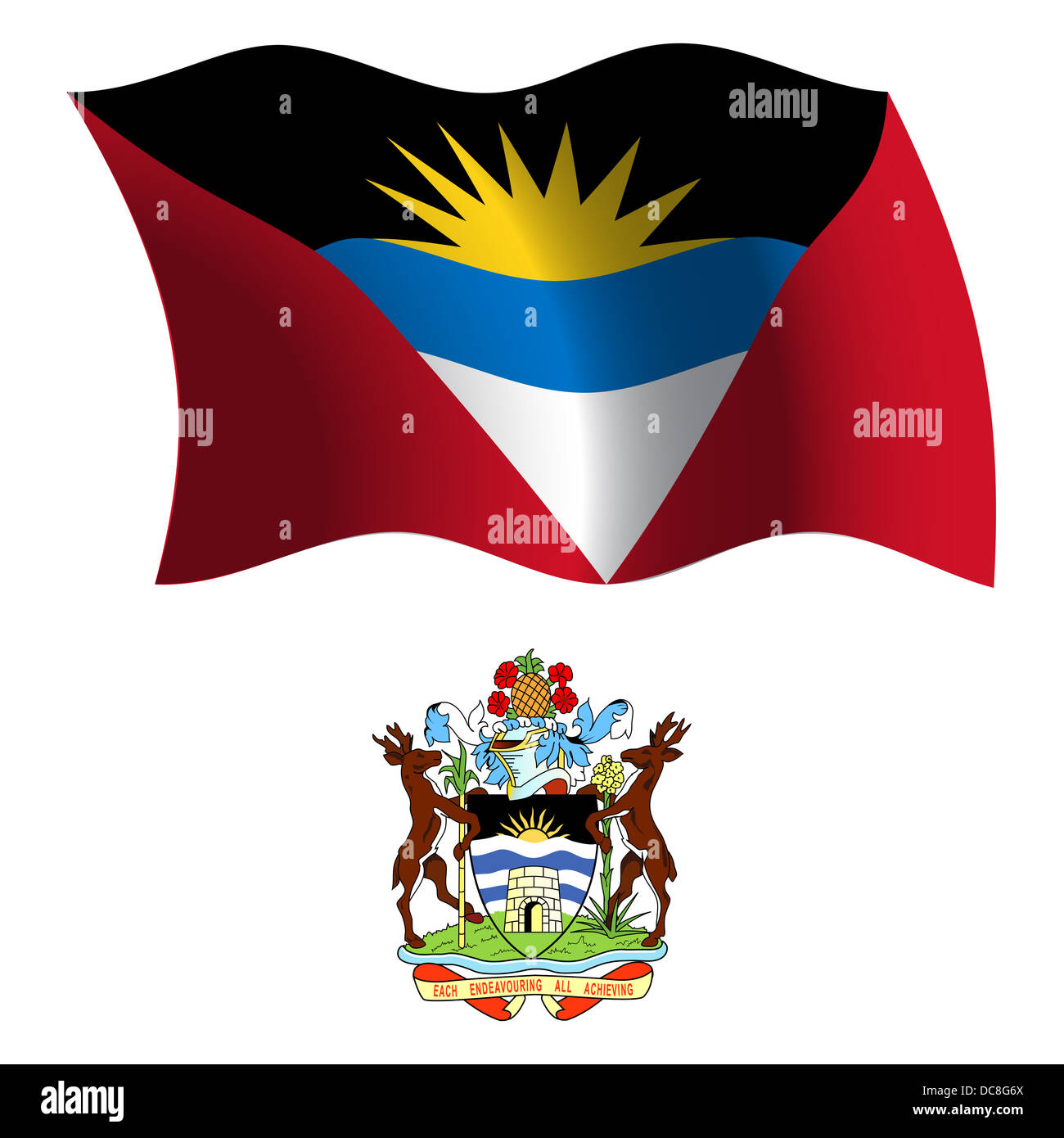 antigua and barbuda wavy flag and coat of arms against white background