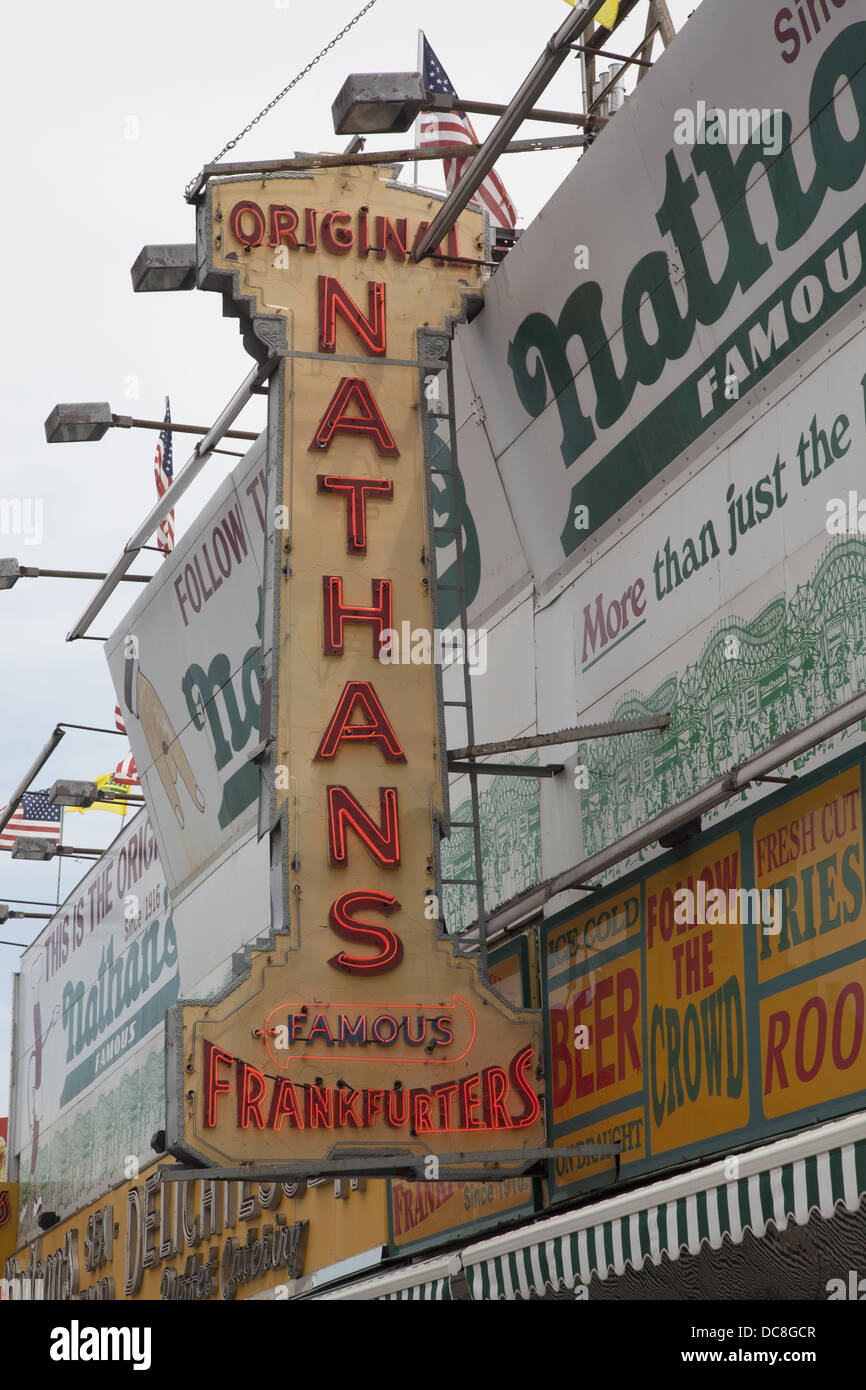Marquee at the original world famous Nathan's hot dogs at Coney Island, Brooklyn, NY. Stock Photo
