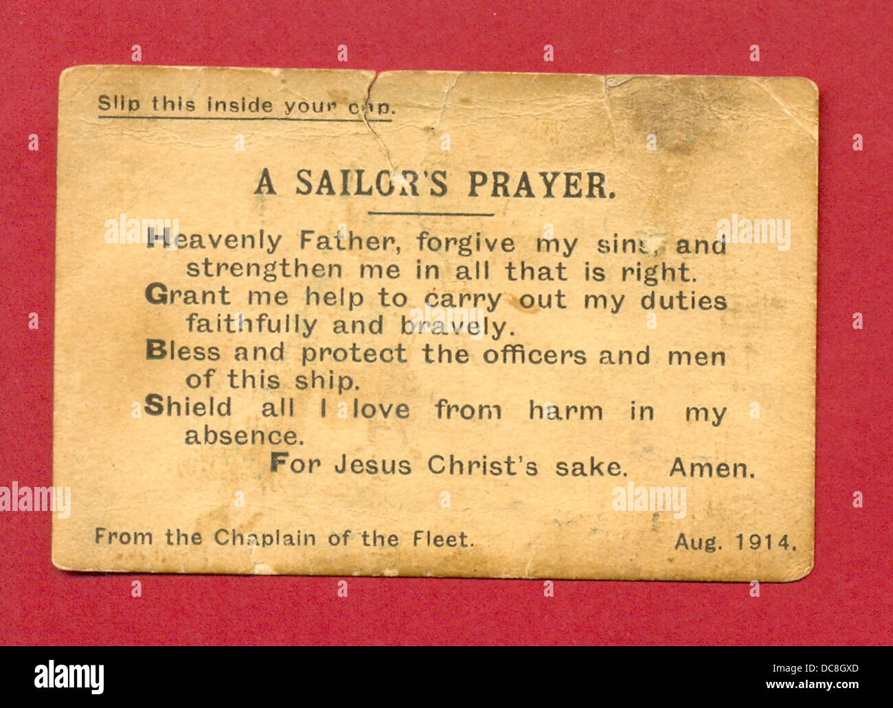 World War One prayer card given to sailors from the Chaplain of the Fleet Stock Photo