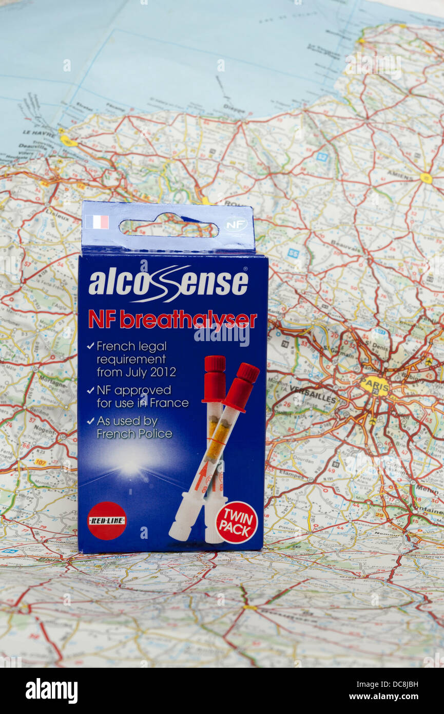 Alco sense Breathalyser kit on a map of France. Stock Photo