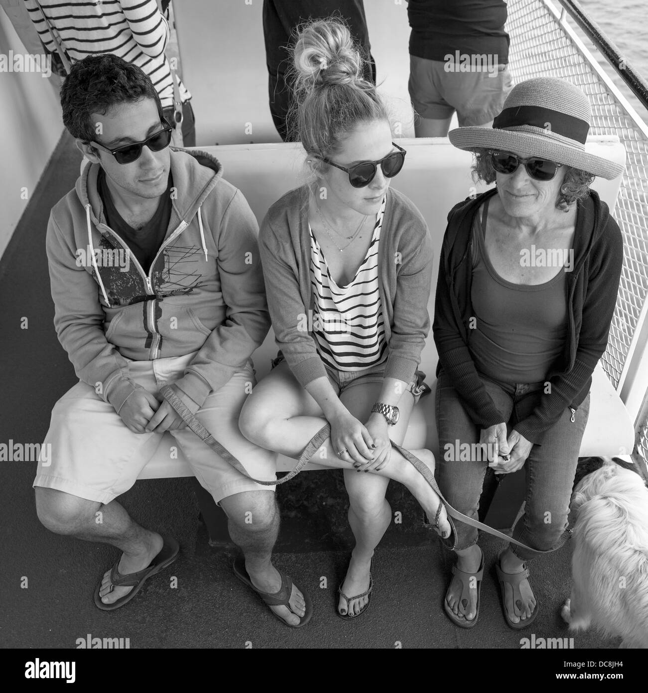 Family members ride a ferry to Washington Island, Wisconsin. Stock Photo