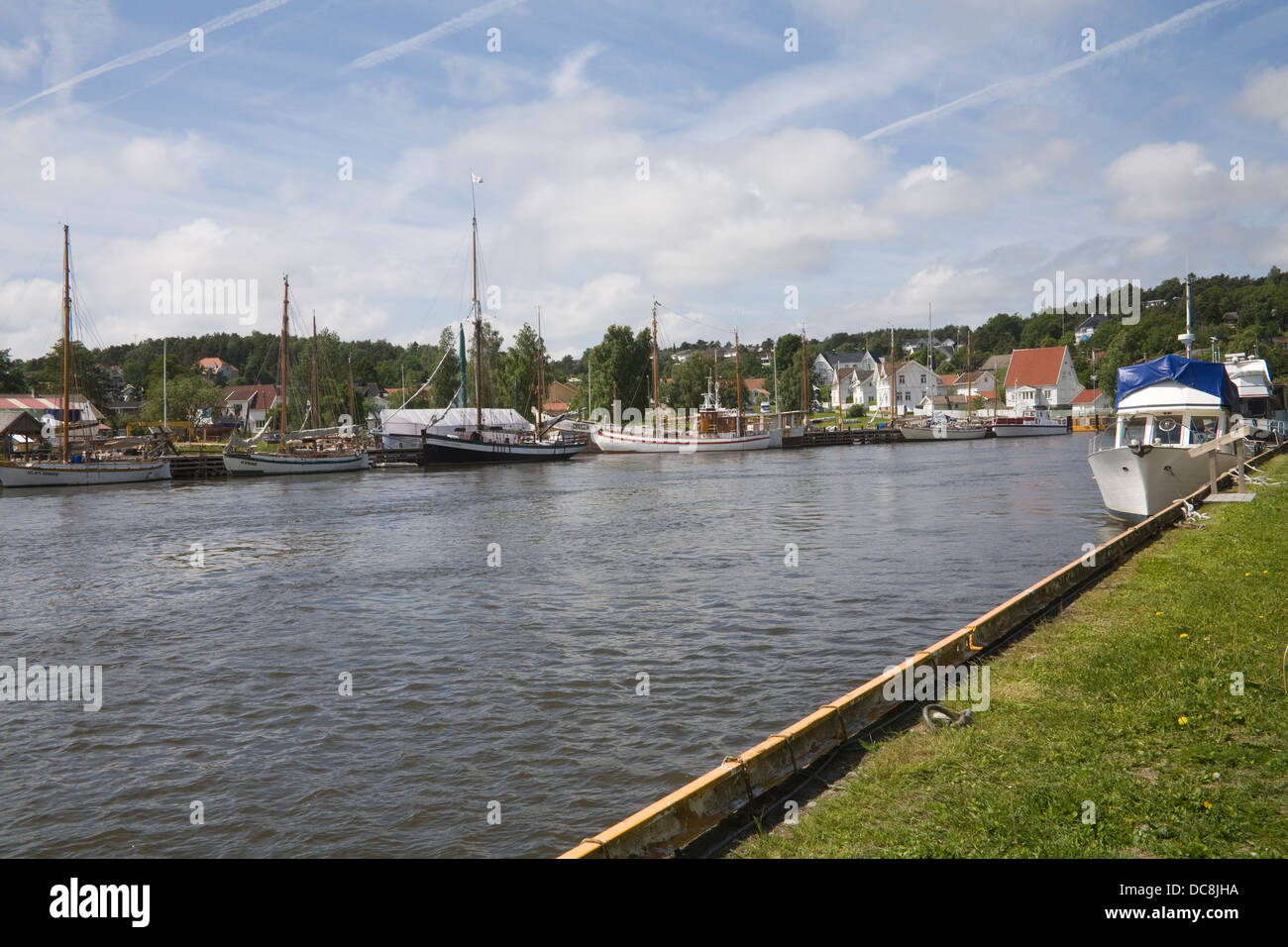 Fredrikstad Ostfold Norway Europe Looking along River Glomma from west bank moored yachts Stock Photo
