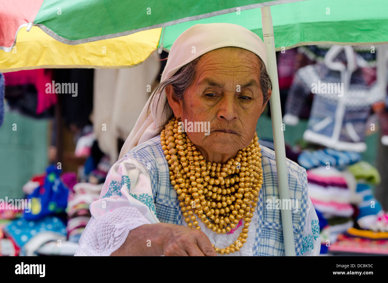Ecuador, Quito area. Otavalo Market. Local indigenous Otavalenos woman in traditional highlands attire. Stock Photo