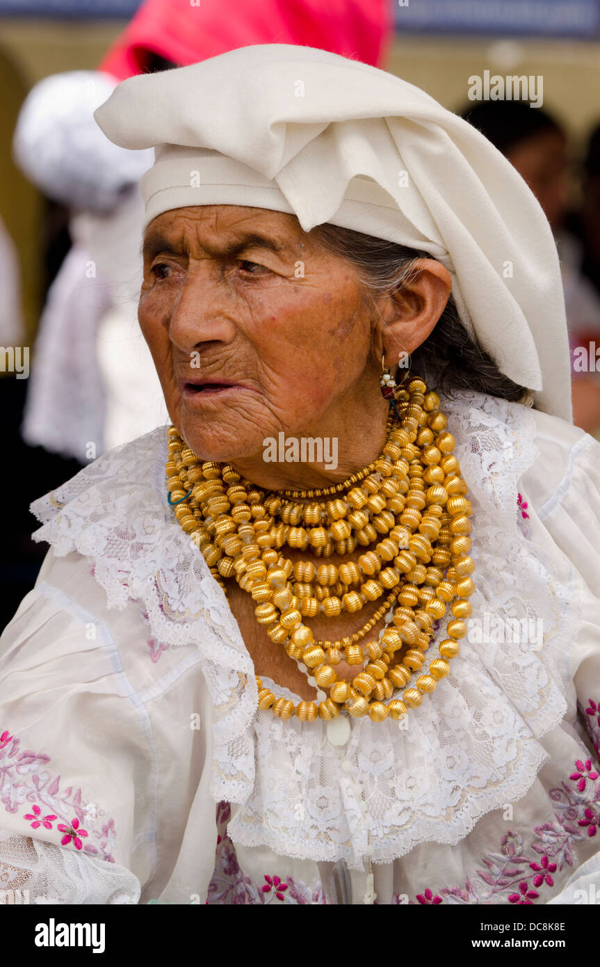 Ecuador, Quito area. Otavalo Market. Local indigenous Otavalenos woman in traditional highlands attire. Stock Photo