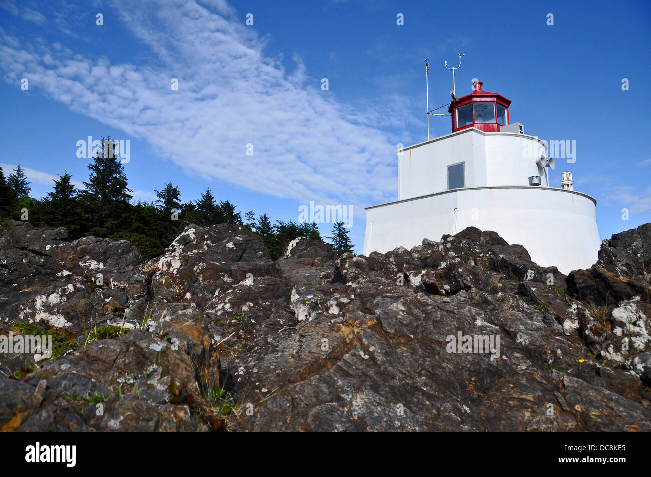 Amphitrite Lighthouse at Ucluelet, Vancouver Island, Canada Stock Photo