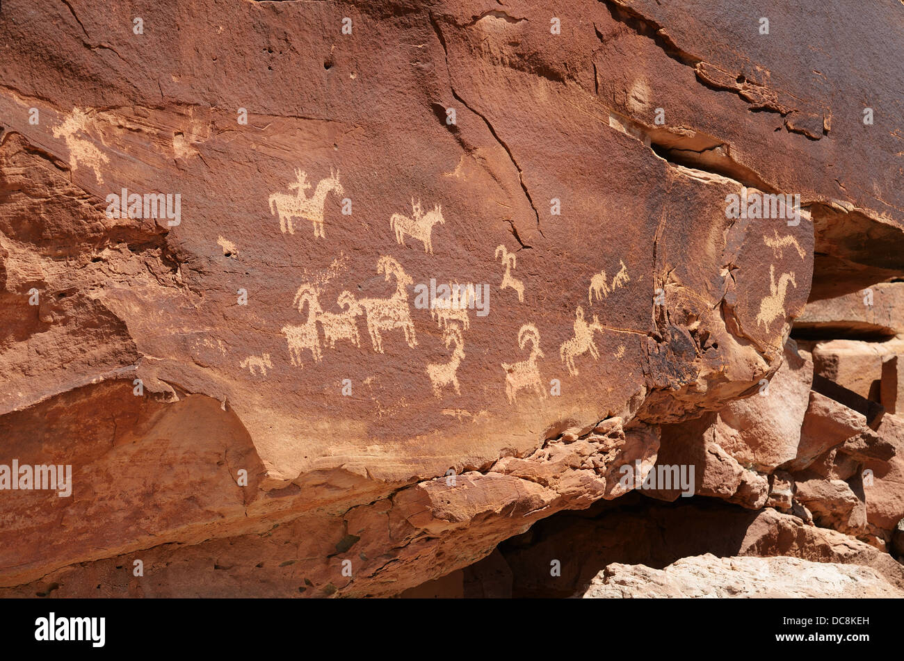 Wolfe Ranch petroglyph panel - Native American Indian rock paintings, Arches National Park, Utah, USA Stock Photo