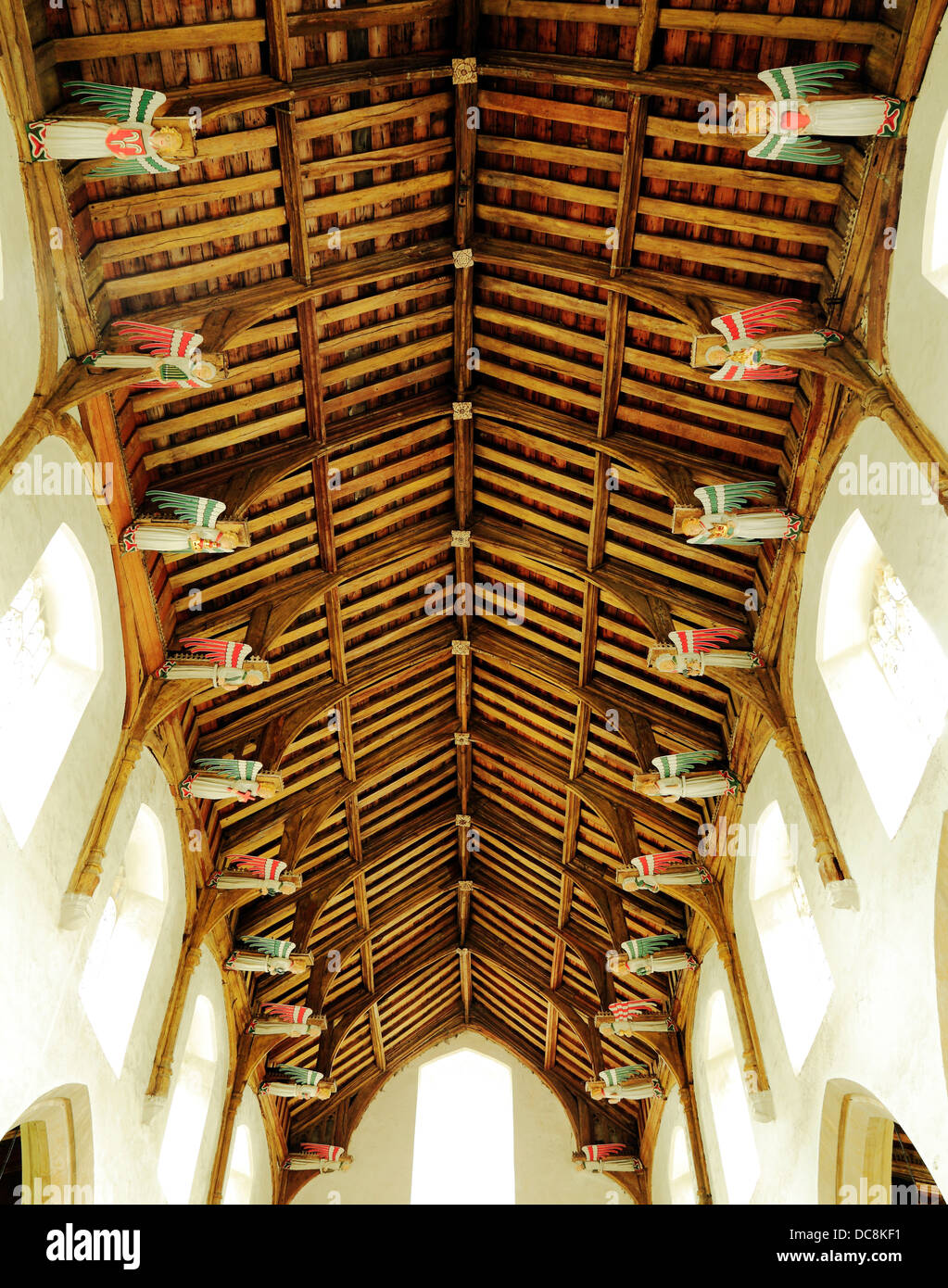 South Creake church, Norfolk, England UK, 15th century hammerbeam roof detail of angels angel hammer beam beams roofs Stock Photo