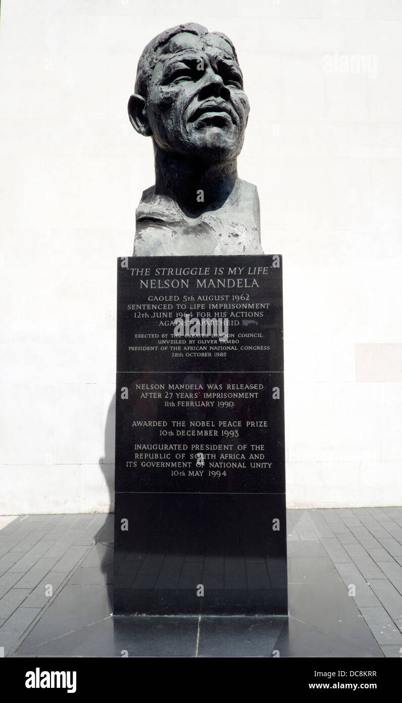 A statue, 'The Struggle is my Life' to commemorate the life of Nelson Mandela. It is outside the Royal Festival Hall, London Stock Photo
