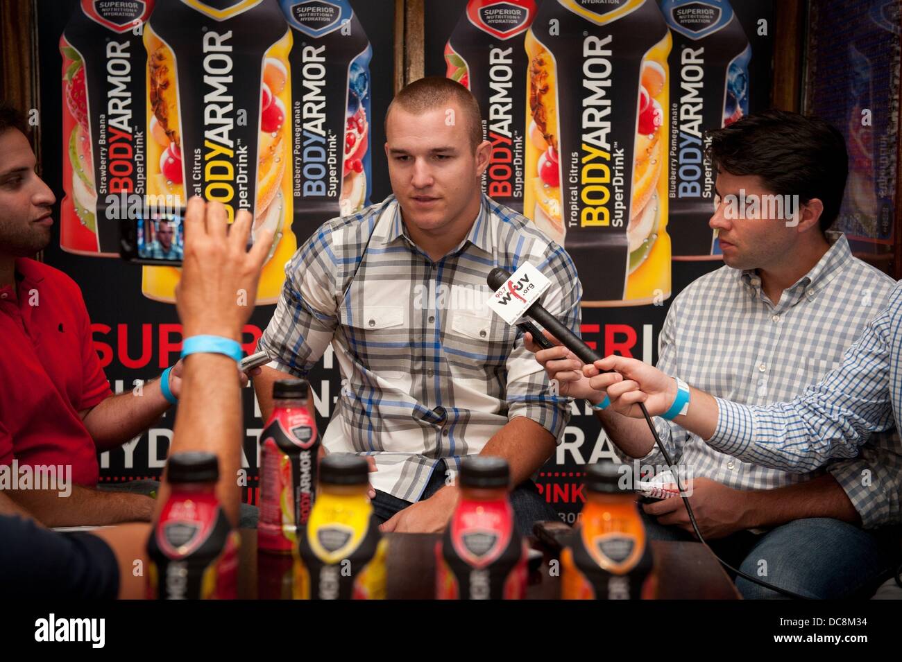 Manhattan, New York, USA. 12th Aug, 2013. Los Angeles Angels of Anaheim outfielder MIKE TROUT speaks with the media at Foley's NY Pub & Restaurant on 33rd Street, Monday, August 12, 2013. Credit:  Bryan Smith/ZUMAPRESS.com/Alamy Live News Stock Photo