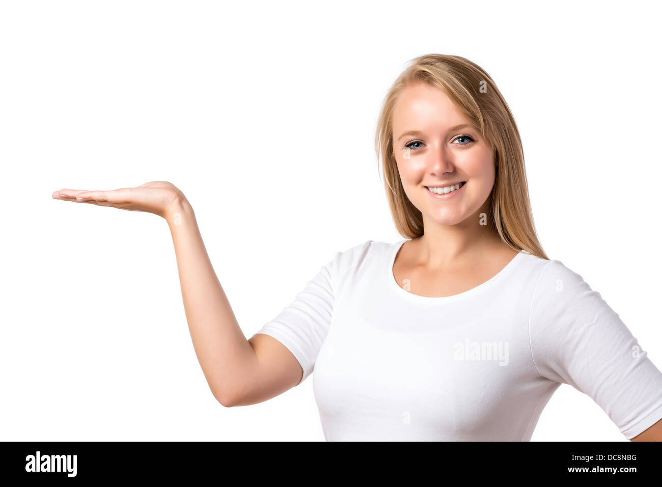 Laughing blond woman with blue eyes holding the palm of the right hand up, isolated on white background Stock Photo