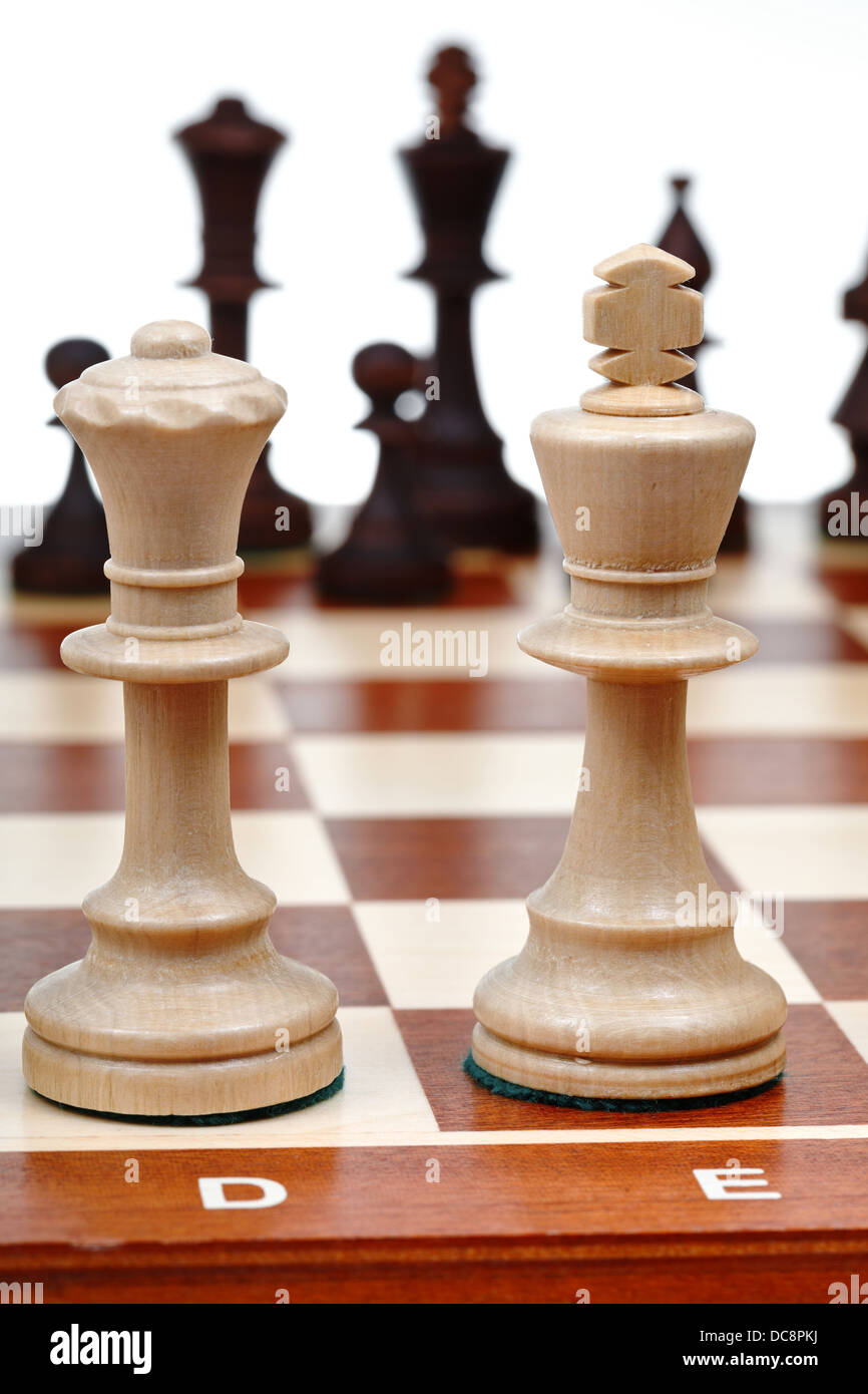 View Of Set Of Chess Pieces From The King And Queen Close Up Stock