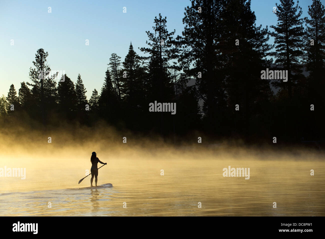 A woman, , is silhouetted Stand Up Paddleboarding (SUP) at sunrise in the mist in Lake Tahoe, CA. Stock Photo