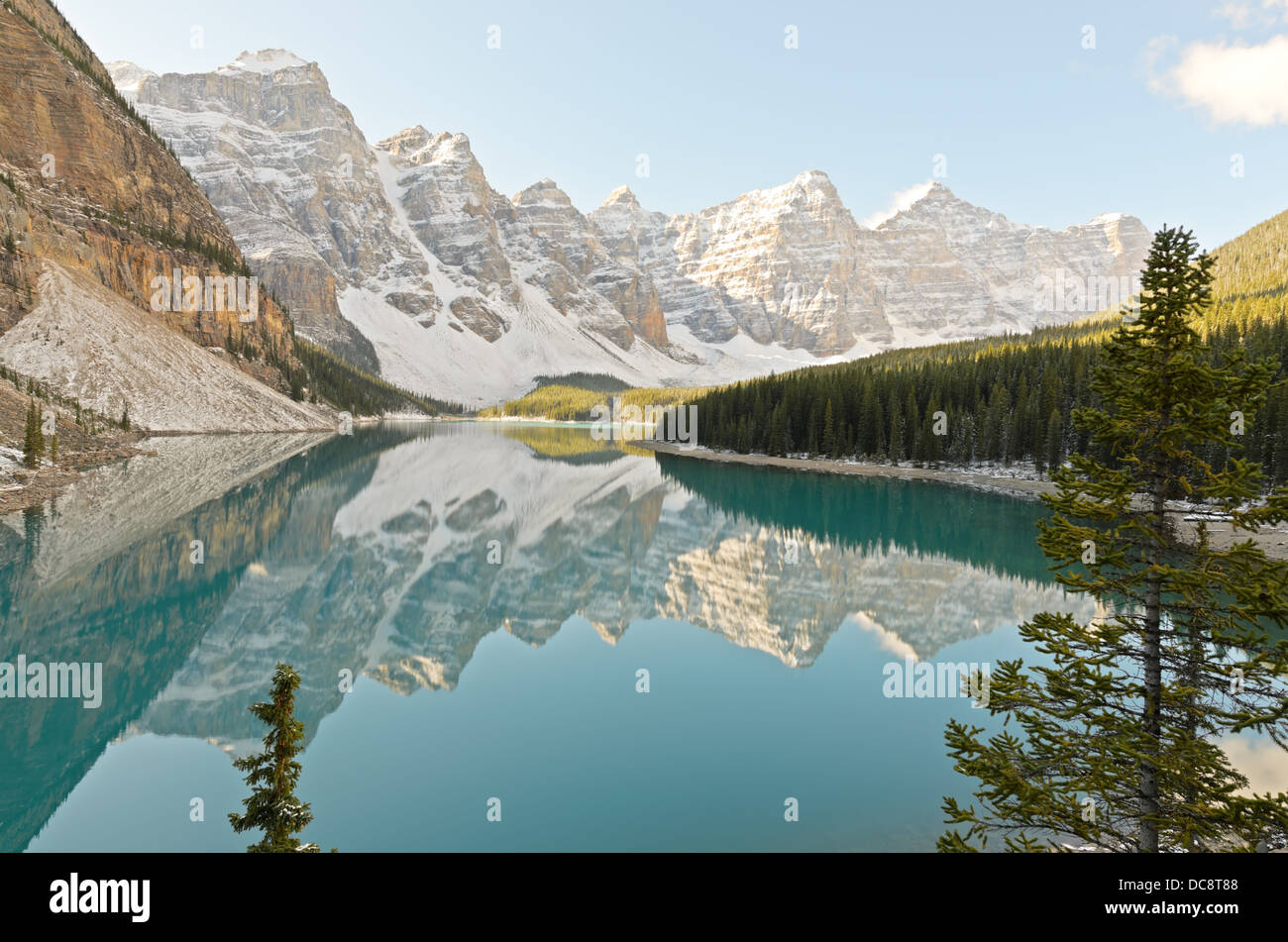 Mountains reflected in Moraine Lake Banff National Park Alberta Canada Stock Photo