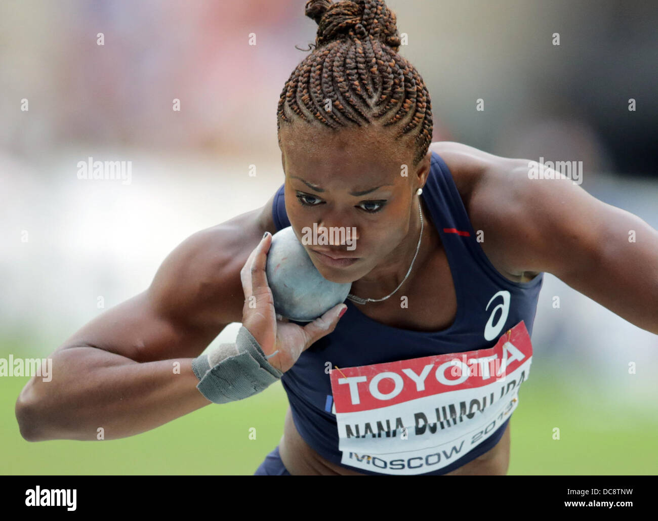 Moscow, Russia. 12th Aug, 2013. Antoinette Nana Djimou Ida of France competes in the Shot Put Event of the Women's Heptathlon at the 14th IAAF World Championships in Athletics at Luzhniki Stadium in Moscow, Russia, 12 August 2013. Photo: Michael Kappeler/dpa/Alamy Live News Stock Photo