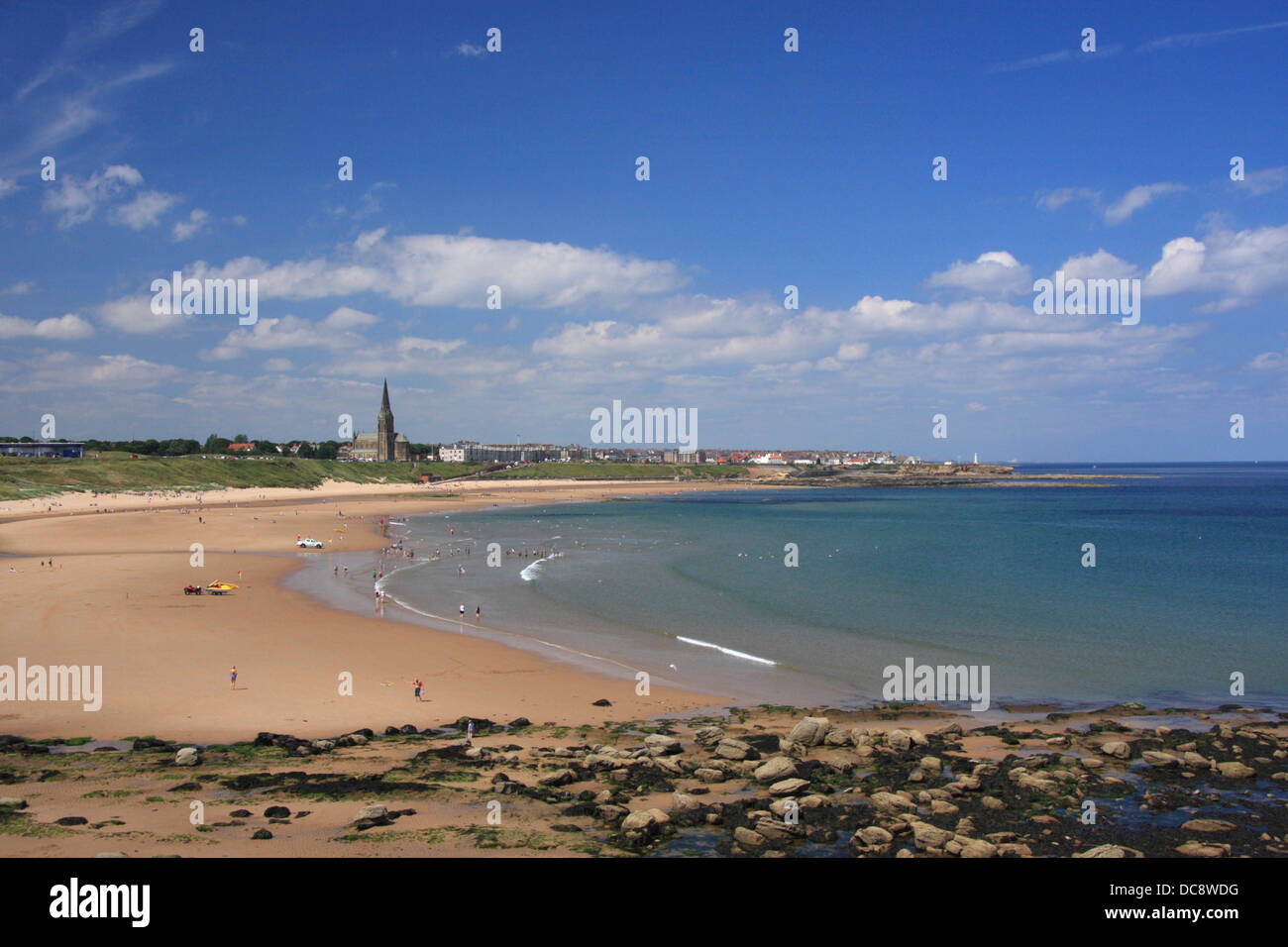 Tynemouth Long Sands at low tide showing the rocks and the beach, at Tynemouth, Northumberland, England. Stock Photo