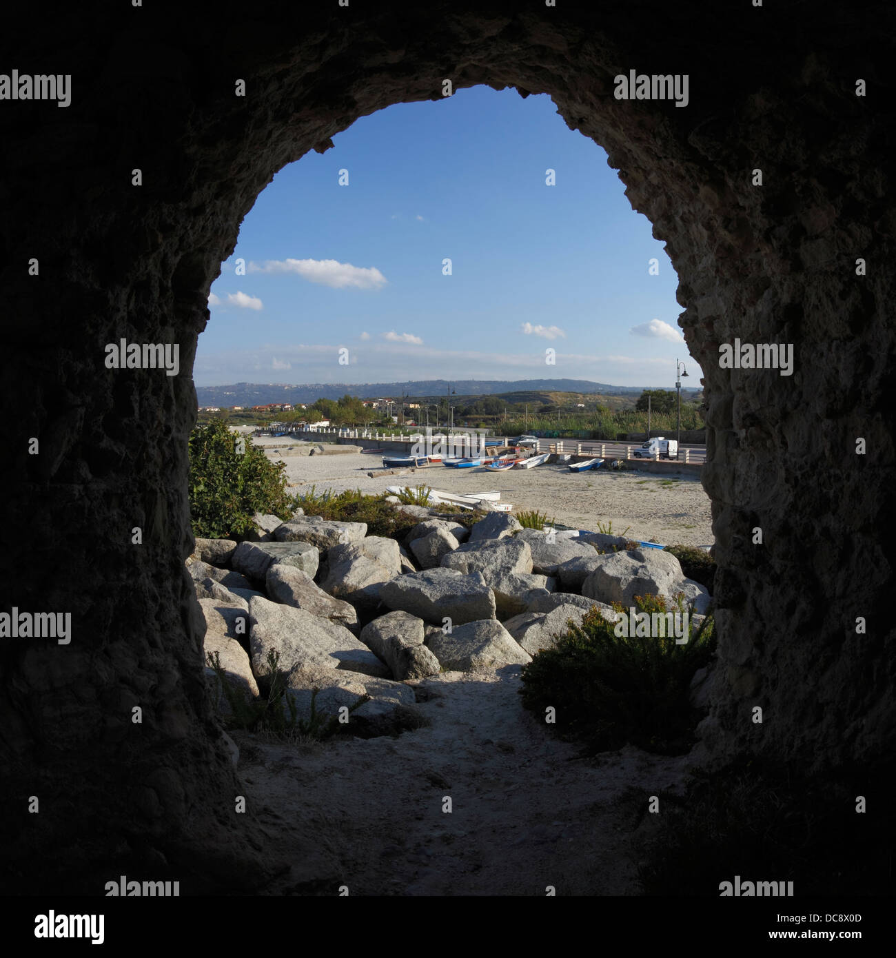 View through the arch of the Norman Tower, Briatico,Calabria Stock Photo