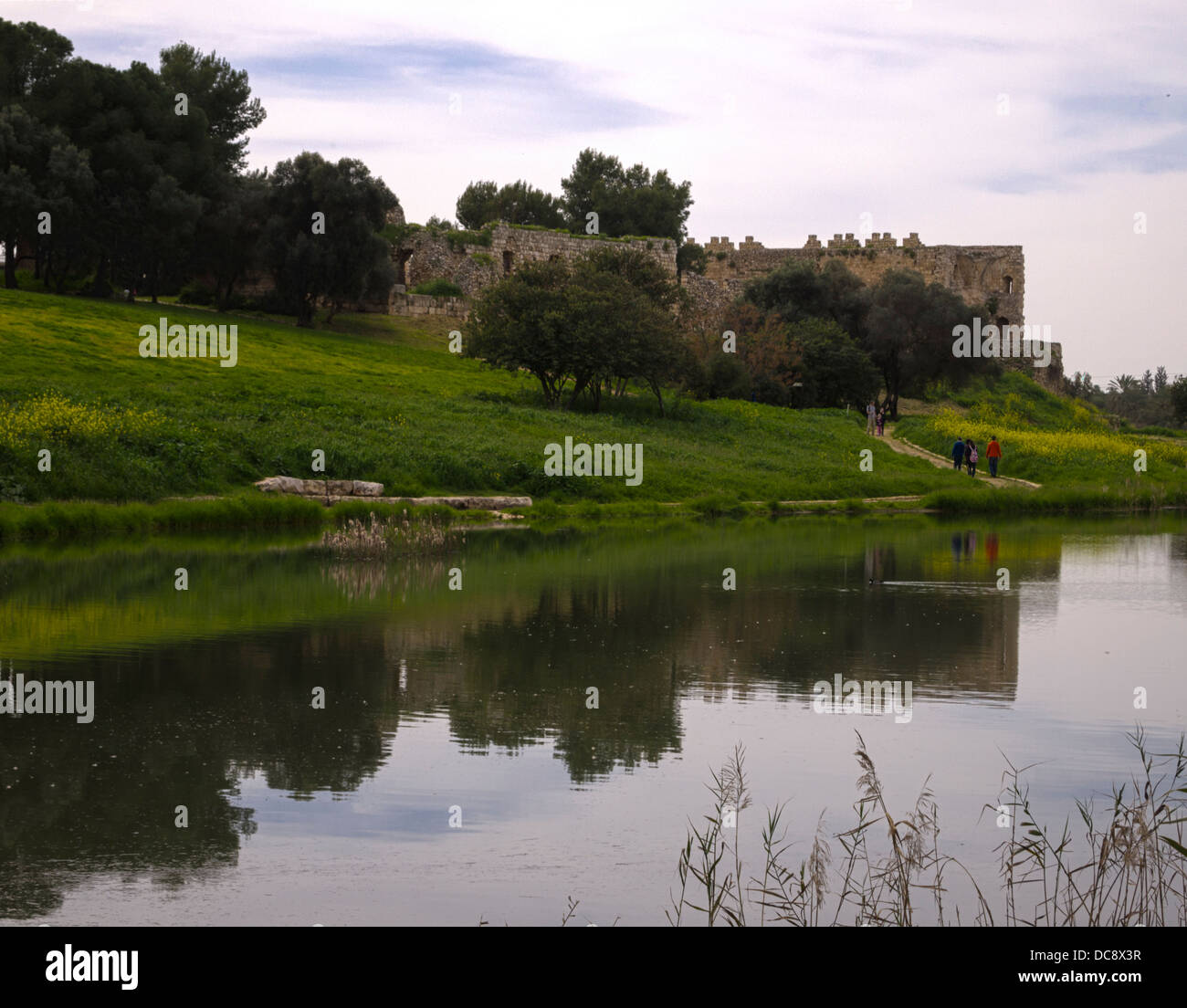 Israel. The ruins of an Ottoman fortress reflect in the Yarkon stream at the Afek park near Tel-Aviv Stock Photo